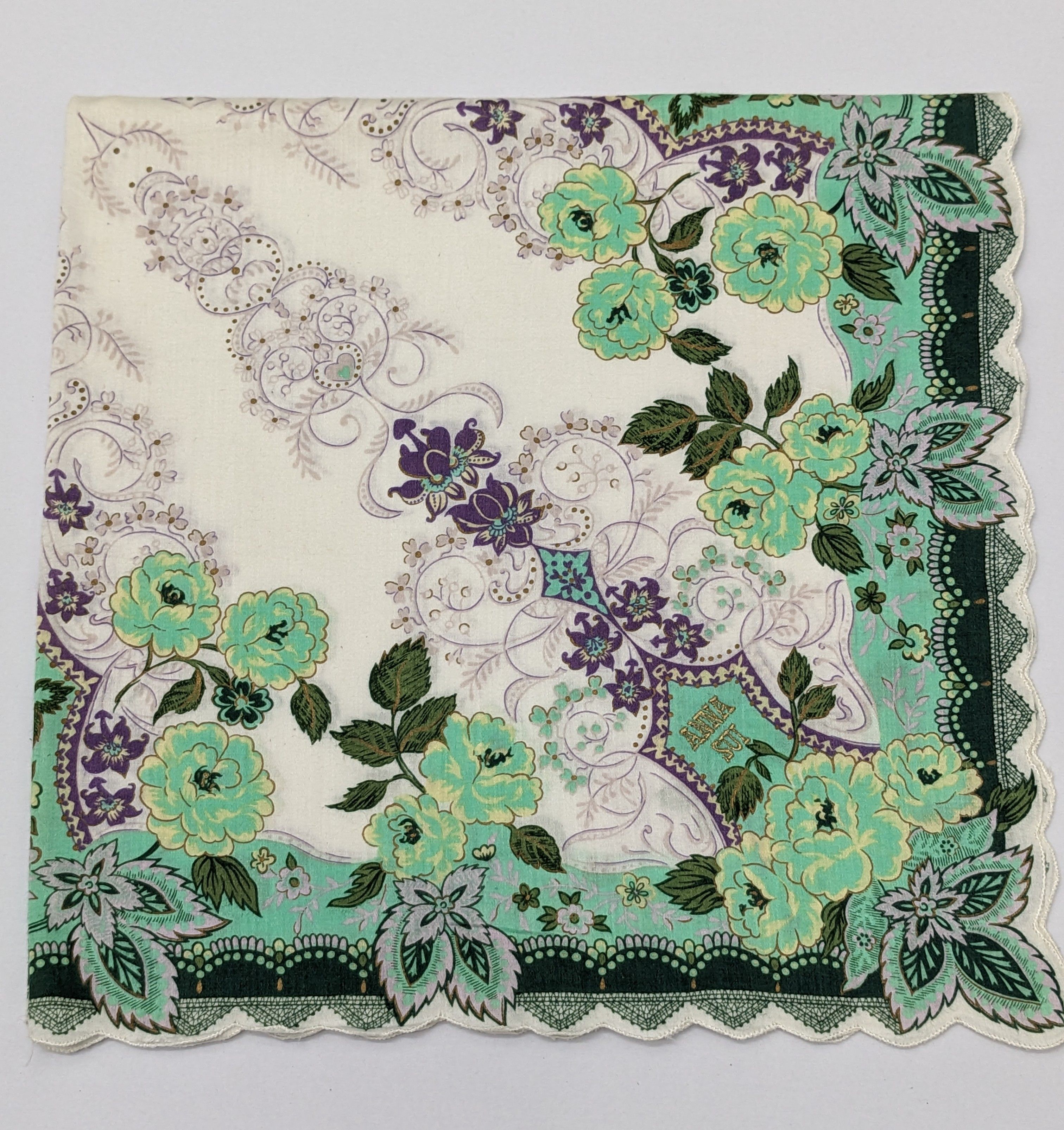 Anna Sui Anna Sui Designer Pocket Square Teal Rose & Gothic Scroll Size ONE SIZE - 1 Thumbnail
