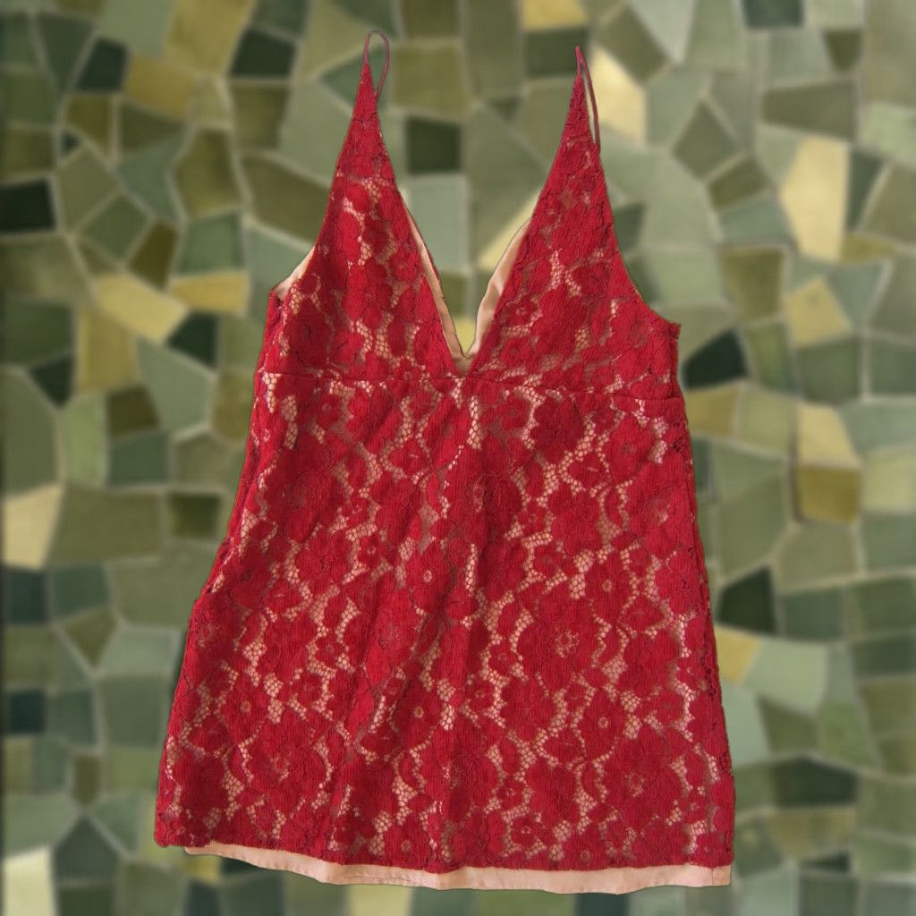 Free People VINTAGE Free People Dress Empire Slip Red Velvet Floral Spaghetti Strap V-Neck 10 Womens Size L / US 10 / IT 46 - 1 Thumbnail