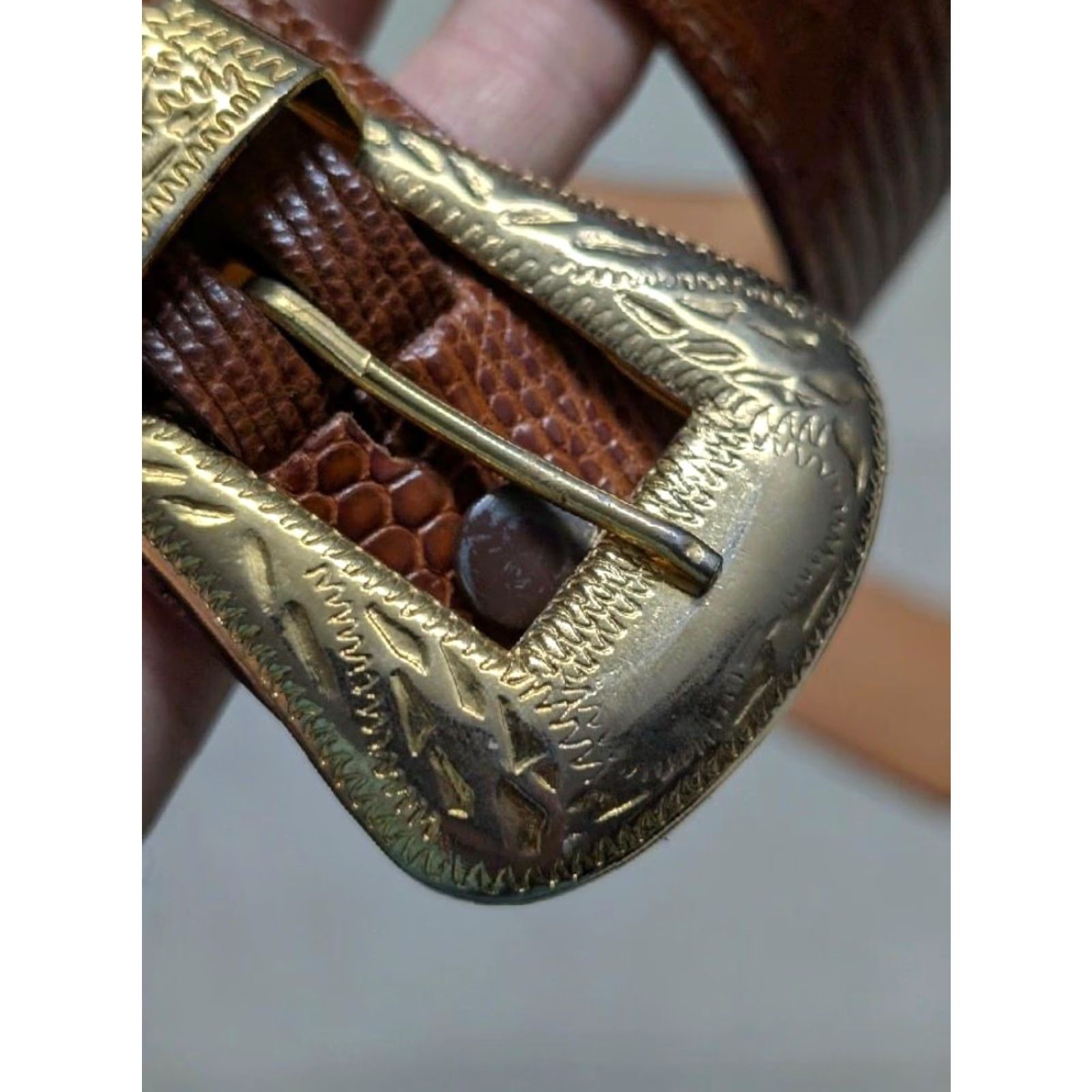 Vintage VINTAGE Justin belt western brown GENUINE LIZARD buckle nickel silver 28 Men belt Size 28 - 3 Thumbnail