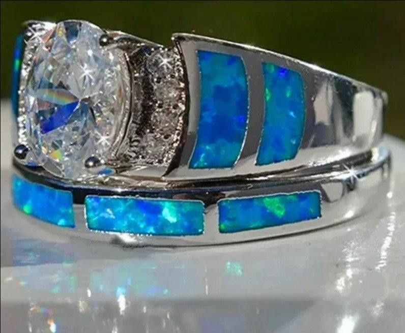 Designer 2pcs Blue Opal Epoxy Zircon Inlaid Silver Ring Set - Size 6 Size ONE SIZE - 4 Thumbnail