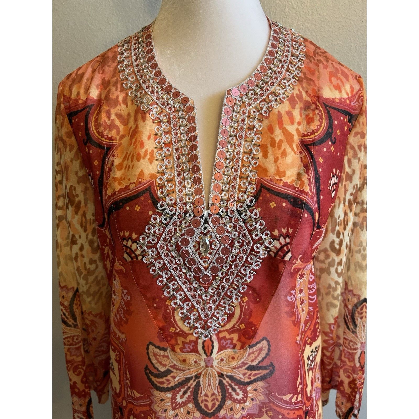 Chicos CHICO'S SHEER Tunic TOP S COVERUP Coastal EARTH TONES BOHO Size S / US 4 / IT 40 - 3 Thumbnail