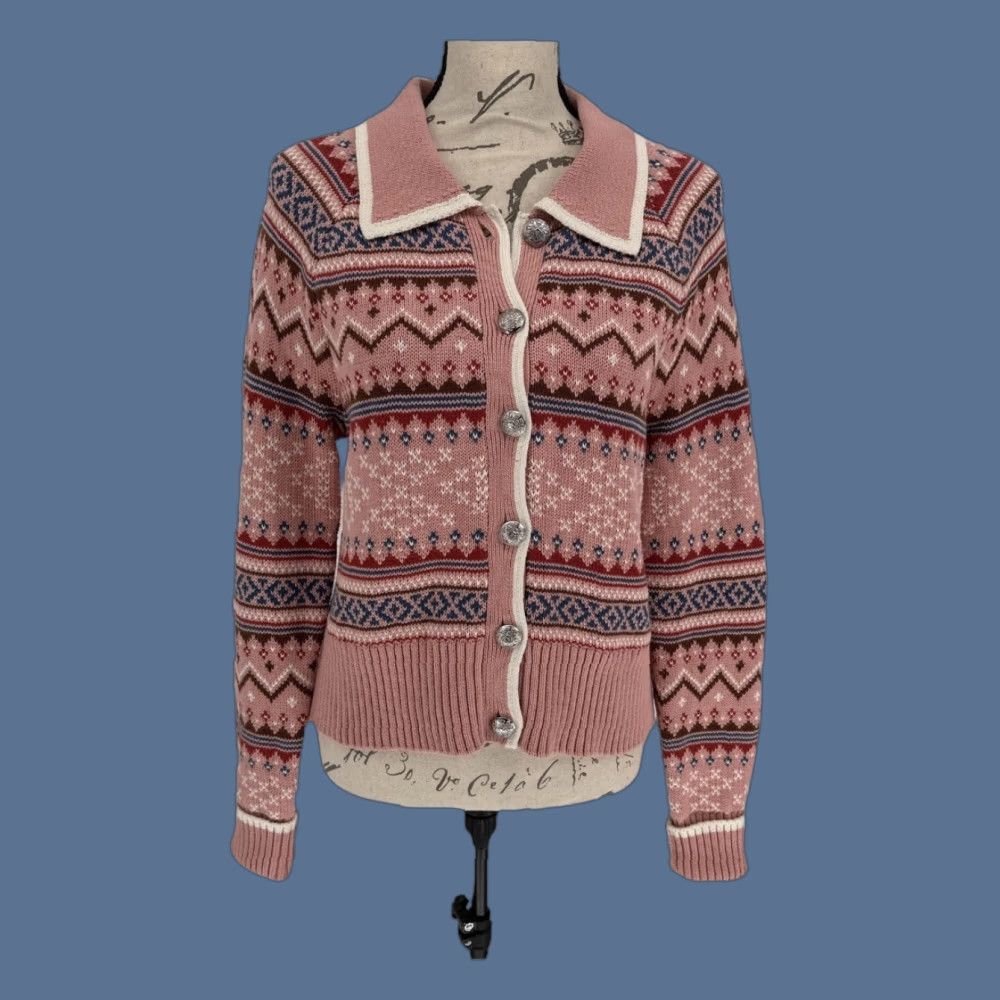 Veronica Beard VERONICA BEARD Sweater Womens Medium Pink Fair Isle Collared Cardigan Ski Knit Size M / US 6-8 / IT 42-44 - 1 Thumbnail