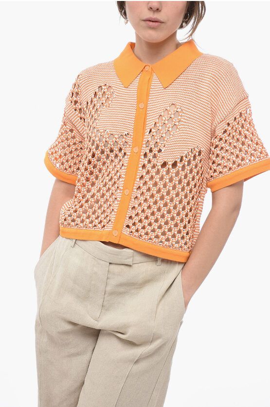 image of Ph5 Polo Neck Short Sleeve Perforated Sweater in Orange, Women's (Size Small)