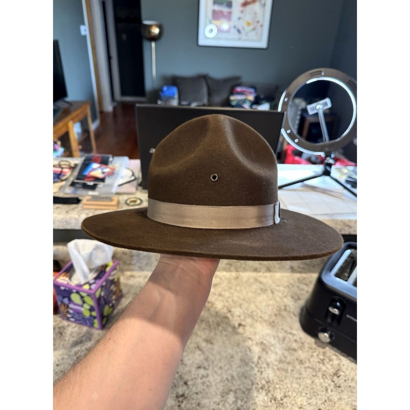 FELT VINTAGE Stratton Drill Sergeant Instructor Campaign Hat 7 USA Solid Wool Felt Brown Mens Size ONE SIZE - 3 Thumbnail