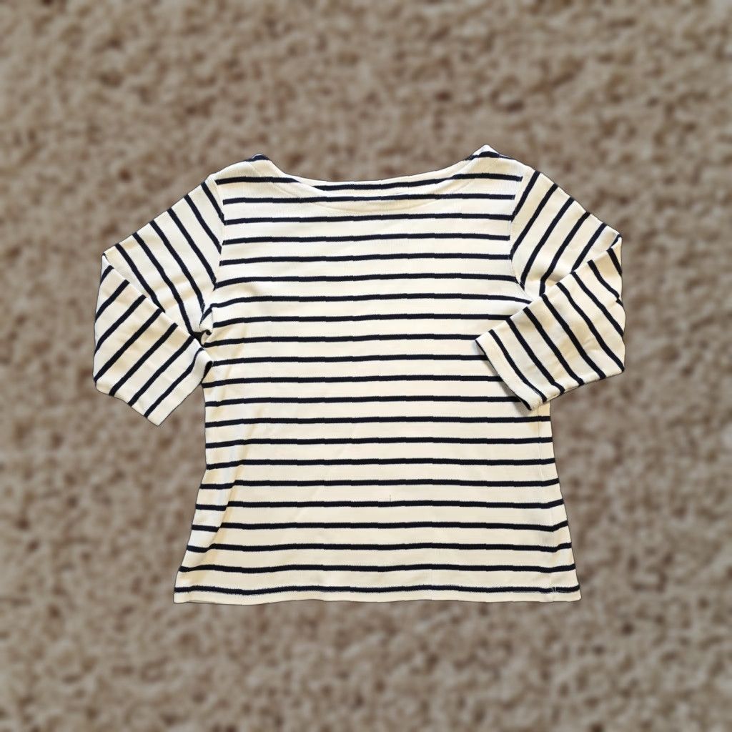 Vintage LL Bean Sweater Womens Petite Medium White Sailor Striped Knit 3/4 Sleeve Boat Neck Pullover Casual Classic Fit Mens Womens Girls tailored Size M / US 6-8 / IT 42-44 - 1 Thumbnail