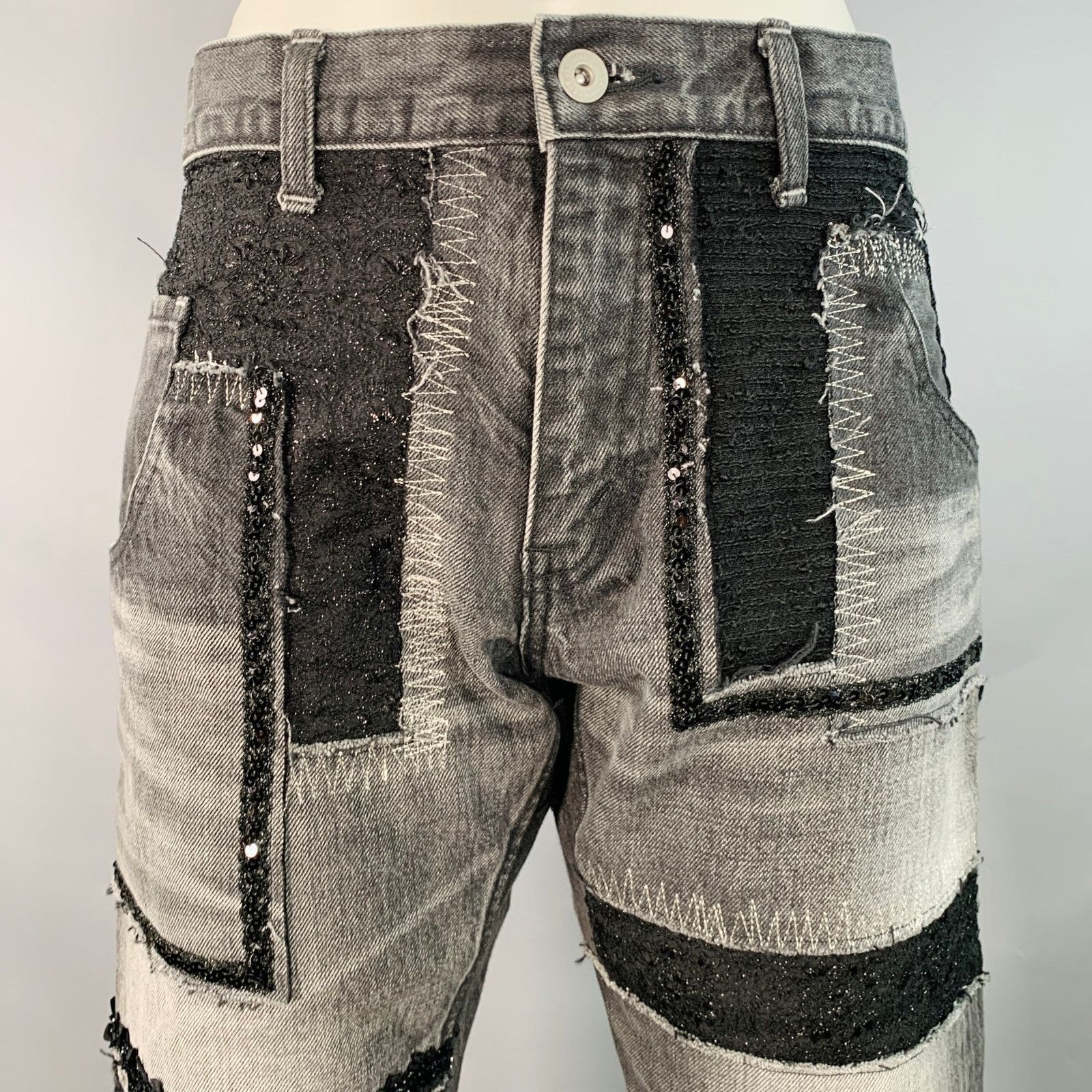 Junya Watanabe M Black Grey Selvedge Denim Patchwork Distressed Jeans Size 32" / US 10 / IT 46 - 2 Thumbnail
