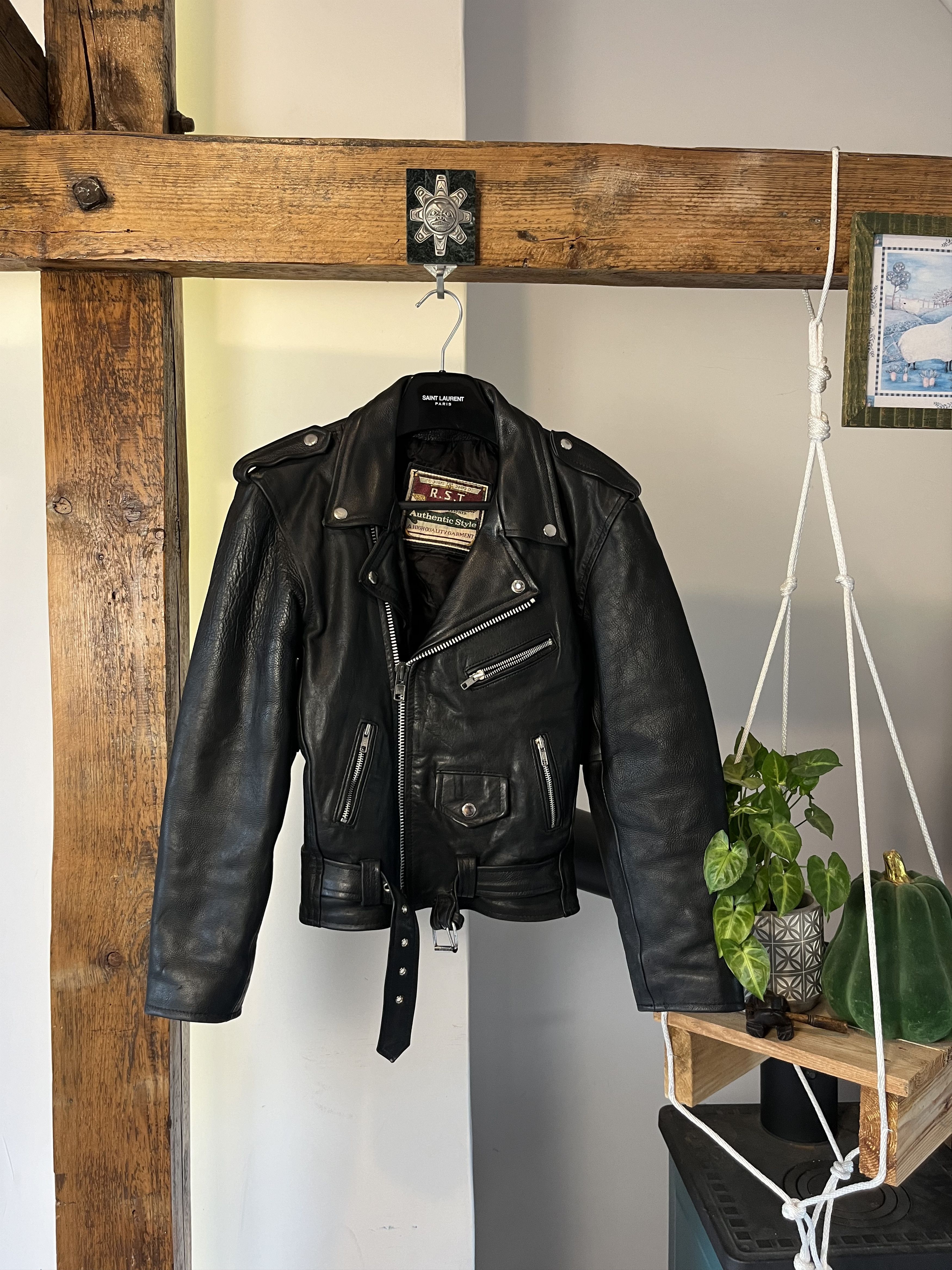 Image of Biker Denim x Leather Jacket 80's Ramones Real Leather Natural Washed Biker Jacket in Black (Size X