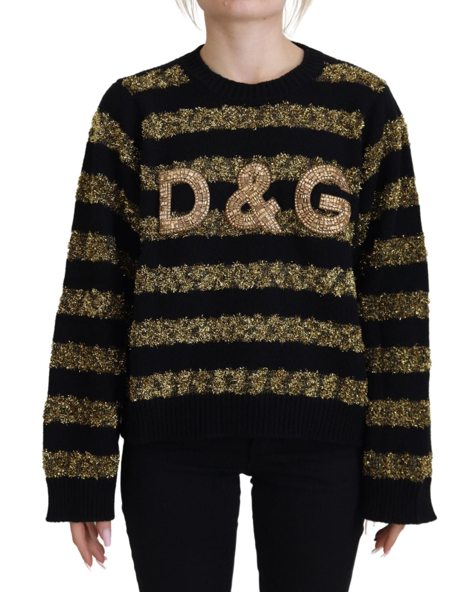 image of Dolce Gabbana Gorgeous Crystal Cashmere Sweater With Gold Detail in Black, Women's (Size Medium)