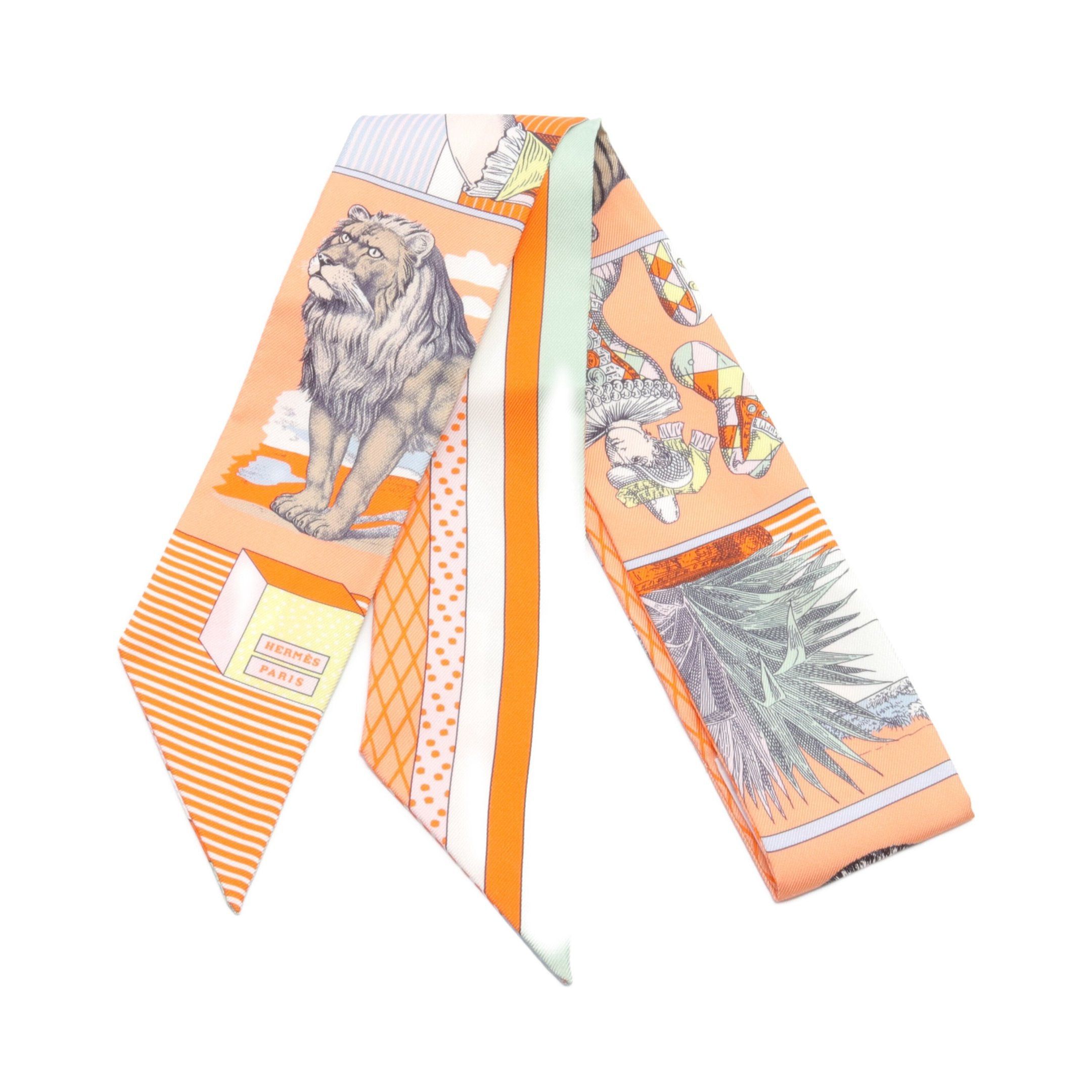 image of Hermes Twilly Grand Theatre Nouveau Ribbon Scarf Silk Coral Orange Multicolor, Women's
