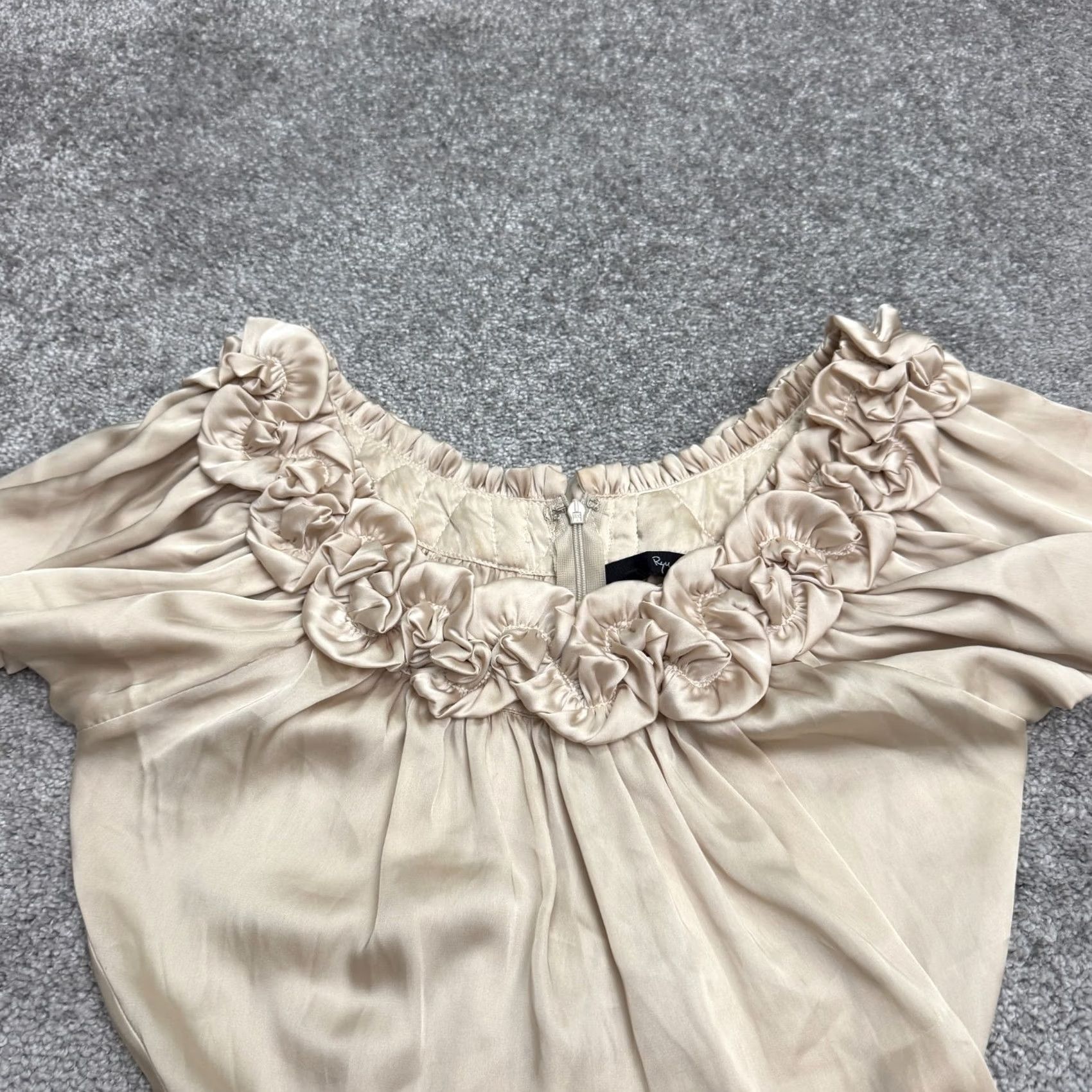Vintage Ryu A-Line Dress Womens Medium Champagne Bronze Beige Satin Rosette Ruffle Tulle Size M / US 6-8 / IT 42-44 - 4 Thumbnail