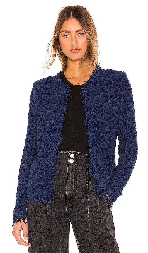 Designer × Iro IRO Paris Shavani Blue Knit Fringe Trim Open Front Blazer Size S / US 4 / IT 40 - 8 Thumbnail