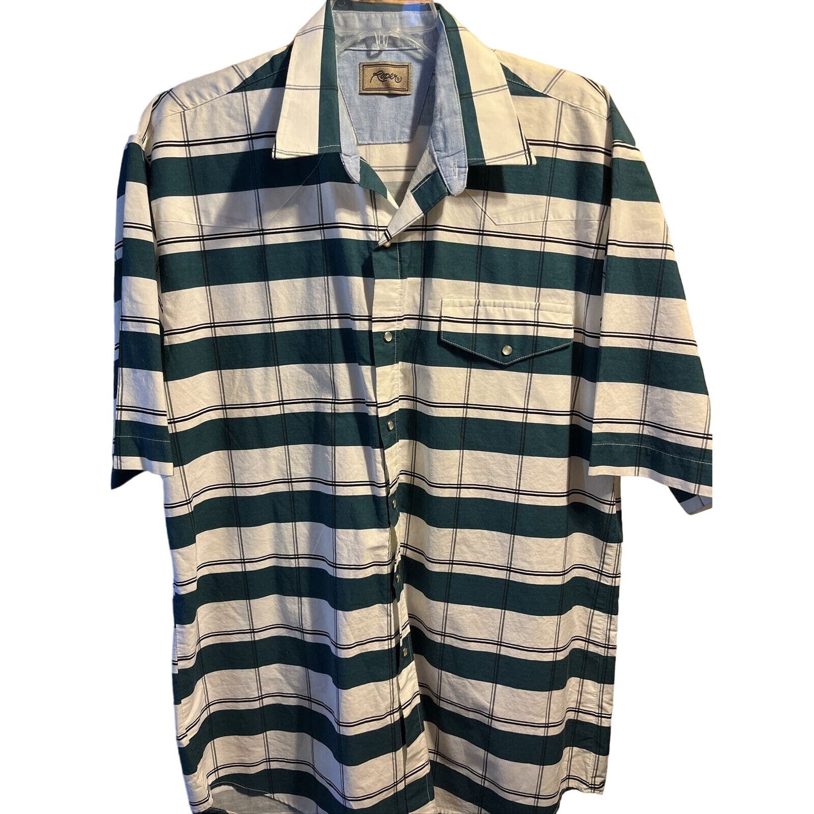 Roper Roper Men’s XL White Green Striped Pearl Snap Cotton Shirt Size US XL / EU 56 / 4 - 1 Thumbnail