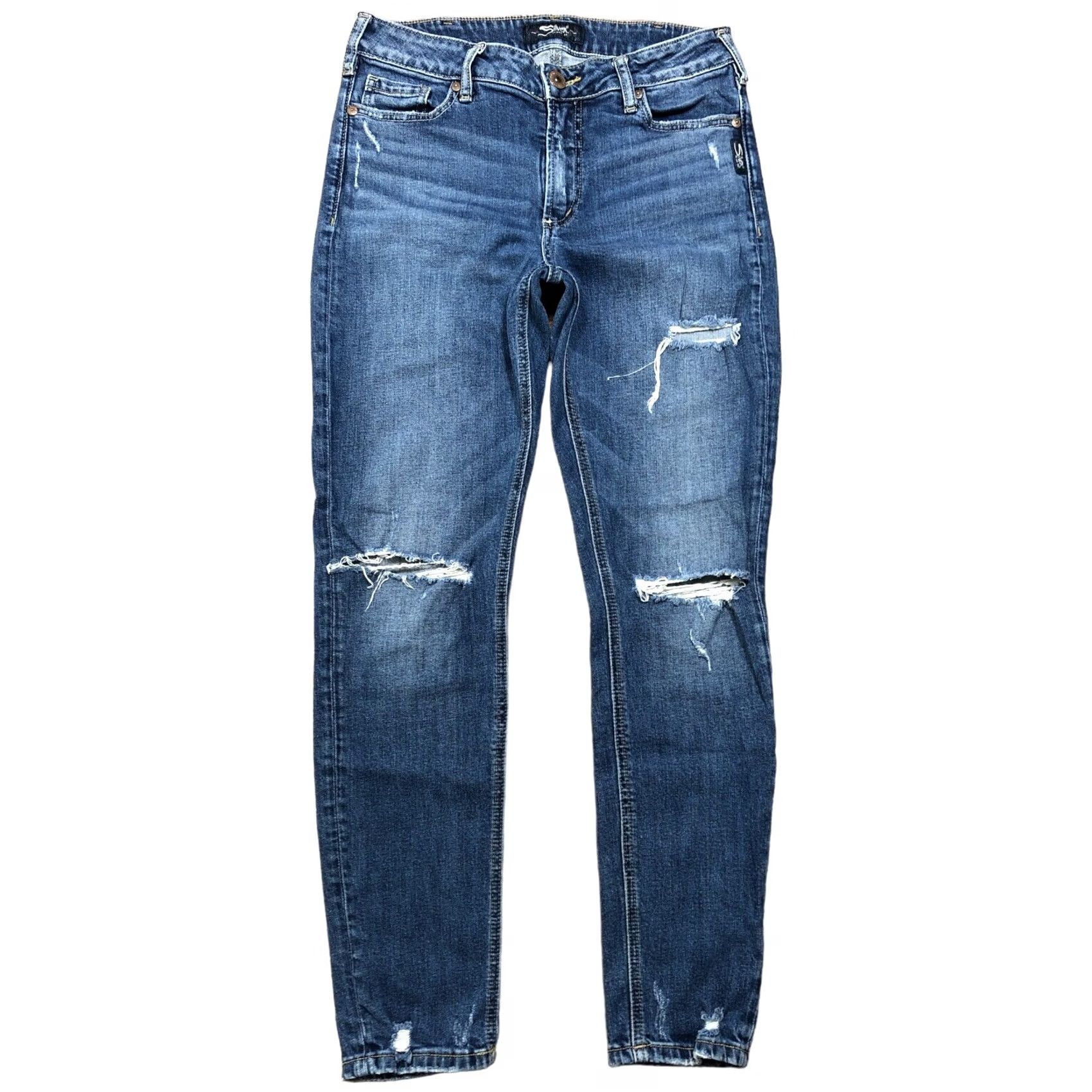 Silver Jeans Co. Silver Jeans Mazy Jeans Womens 30x29 Blue Denim Skinny Stretch Regular Waist 30 Inseam 29 Distressed Casual Logo Cowboy Size 30" / US 8 / IT 44 - 2 Thumbnail