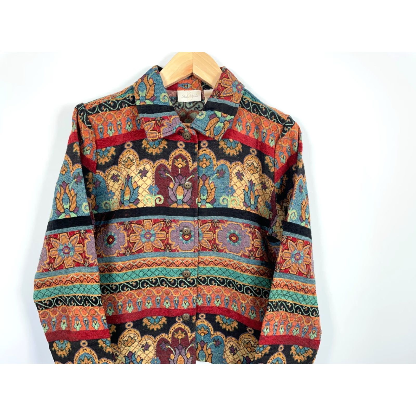 Vintage VINTAGE Studio Works Jacket Women's Large Red Floral Tapestry Geometric Textured Fabric Size L / US 10 / IT 46 - 4 Thumbnail