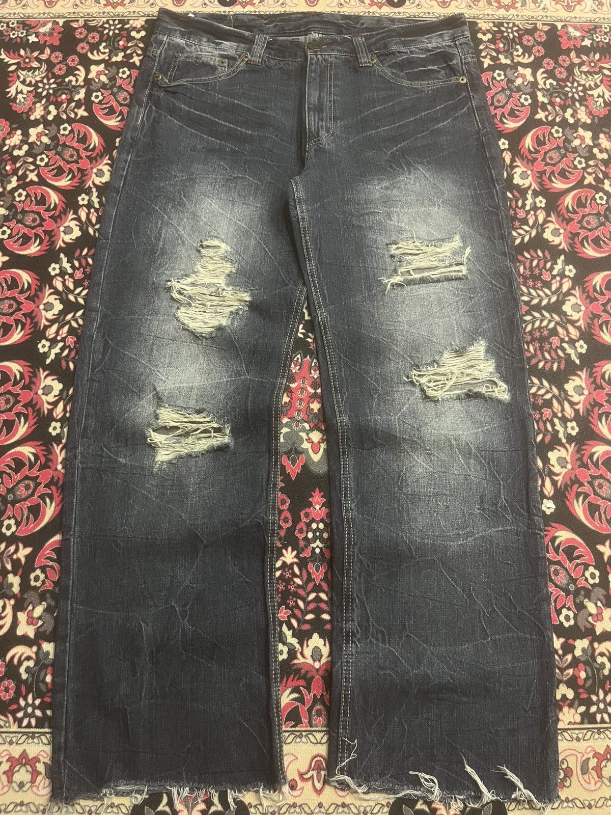 Le Grande Bleu (L.G.B.) Back & Forth Dark Blue Ripped Frayed Leg Loose Baggy Jeans Size US 36 / EU 52 - 1 Thumbnail