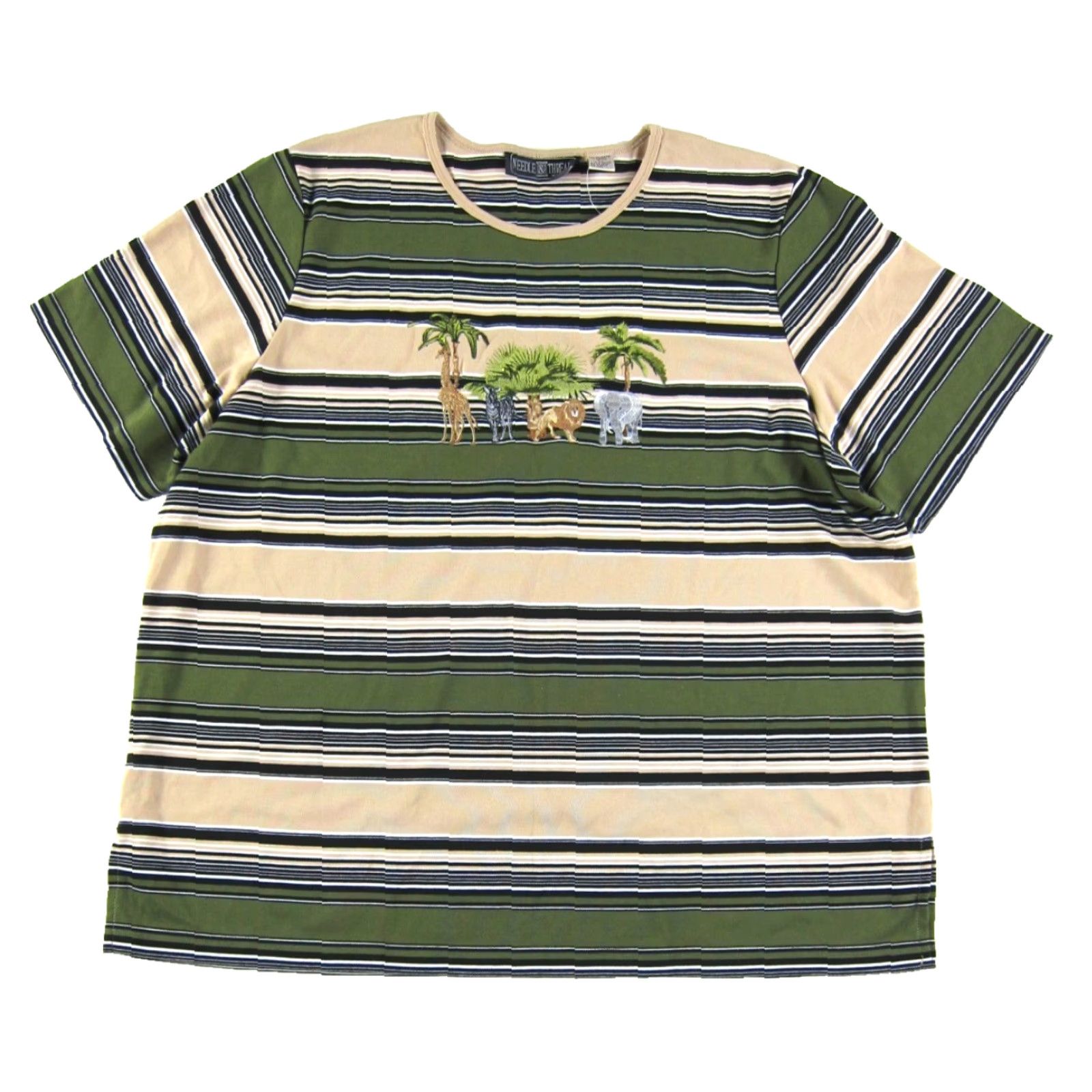 Vintage VINTAGE Needle & Threads Blouse Shirt 3X Women Green Striped Animal Cotton Top 3X Womens Vintage Animal Theme Striped Short Sleeve Round Neck 3X Size XXL / US 16-18 / IT 52-54 - 2 Thumbnail
