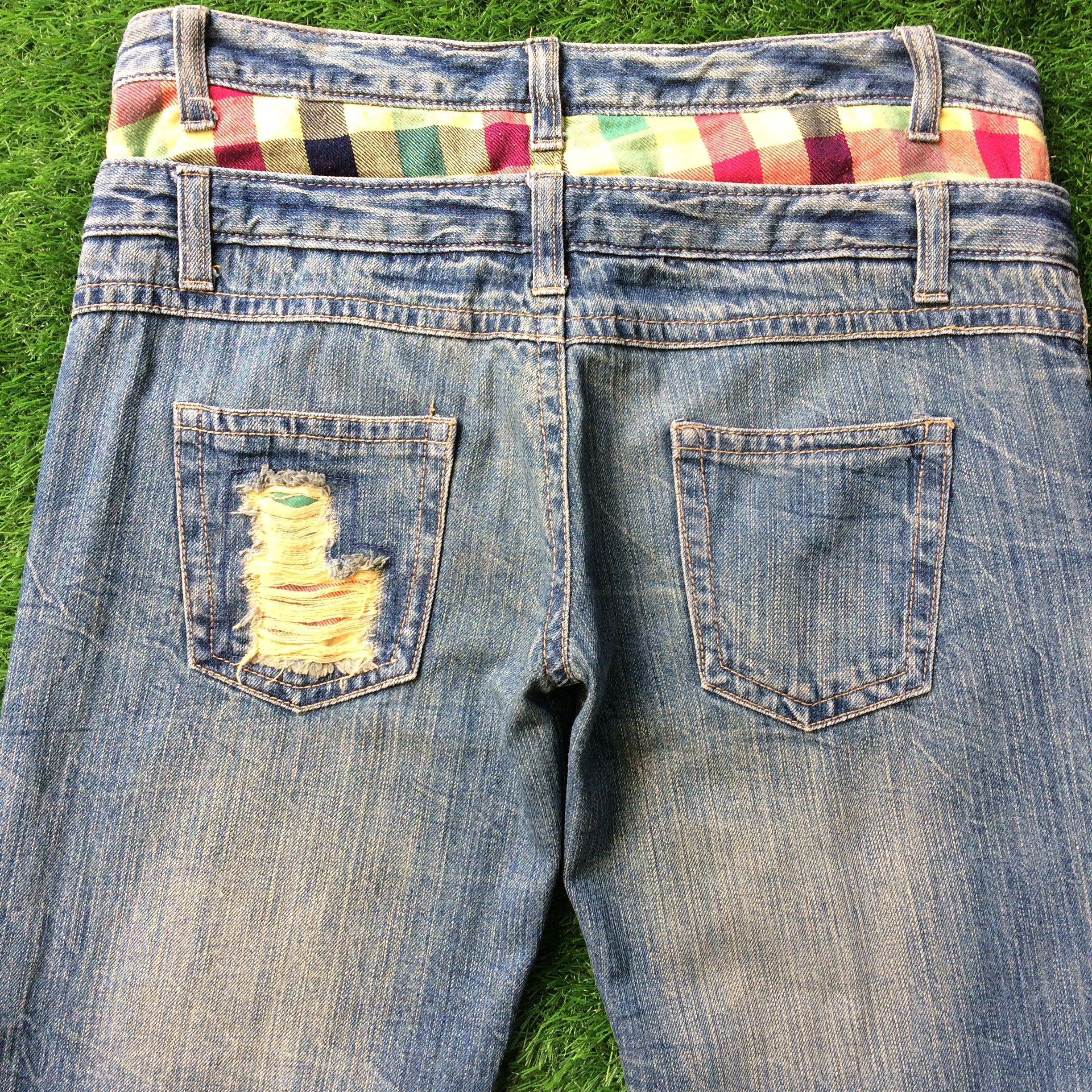 Japanese Brand × Vintage Vtg Distressed Double Waist Checkered Denim Jeans D-689 Size US 31 - 4 Thumbnail