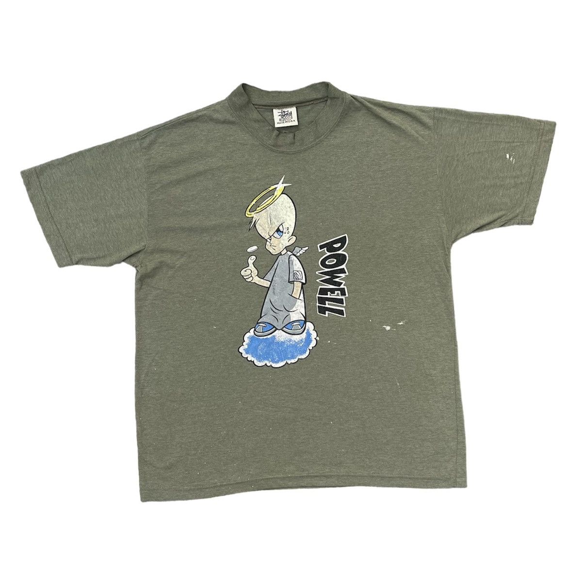 Image of Vintage X 90's Powell Peralta Angel Boy Stussy T Shirt in Moss Green, Men's (Size XL)