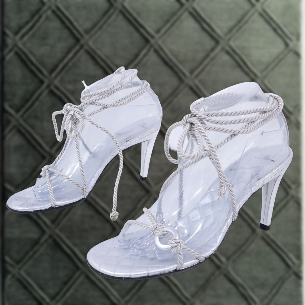 Vintage Delman Heel Shoes Sandals Womens 8M Silver Metallic Strappy Wraparound Ankle Ties Leather