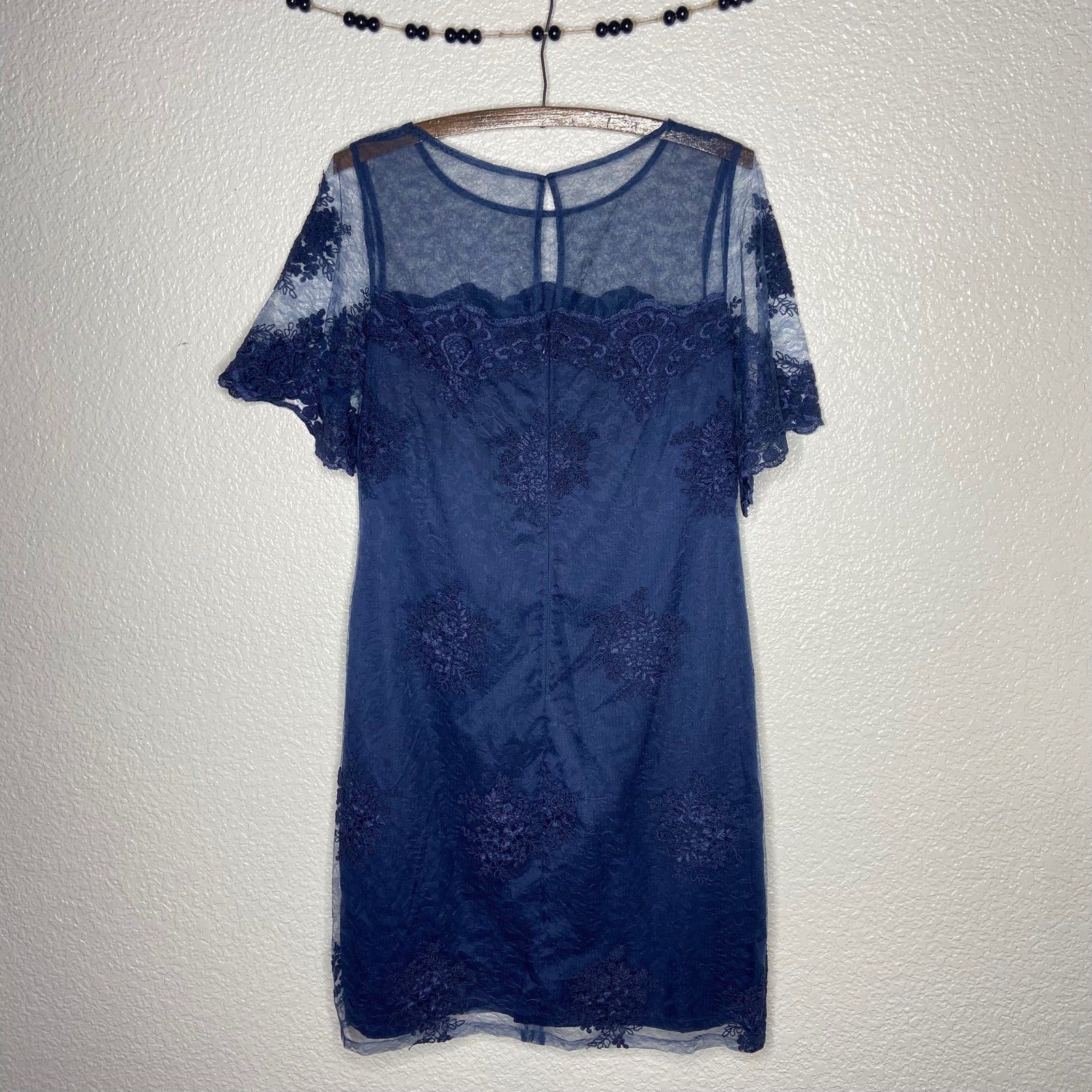 Adrianna Papell Adrianna Papell Semi Sheer Embroidery Navy Shirt Dress Size M / US 6-8 / IT 42-44 - 6 Thumbnail