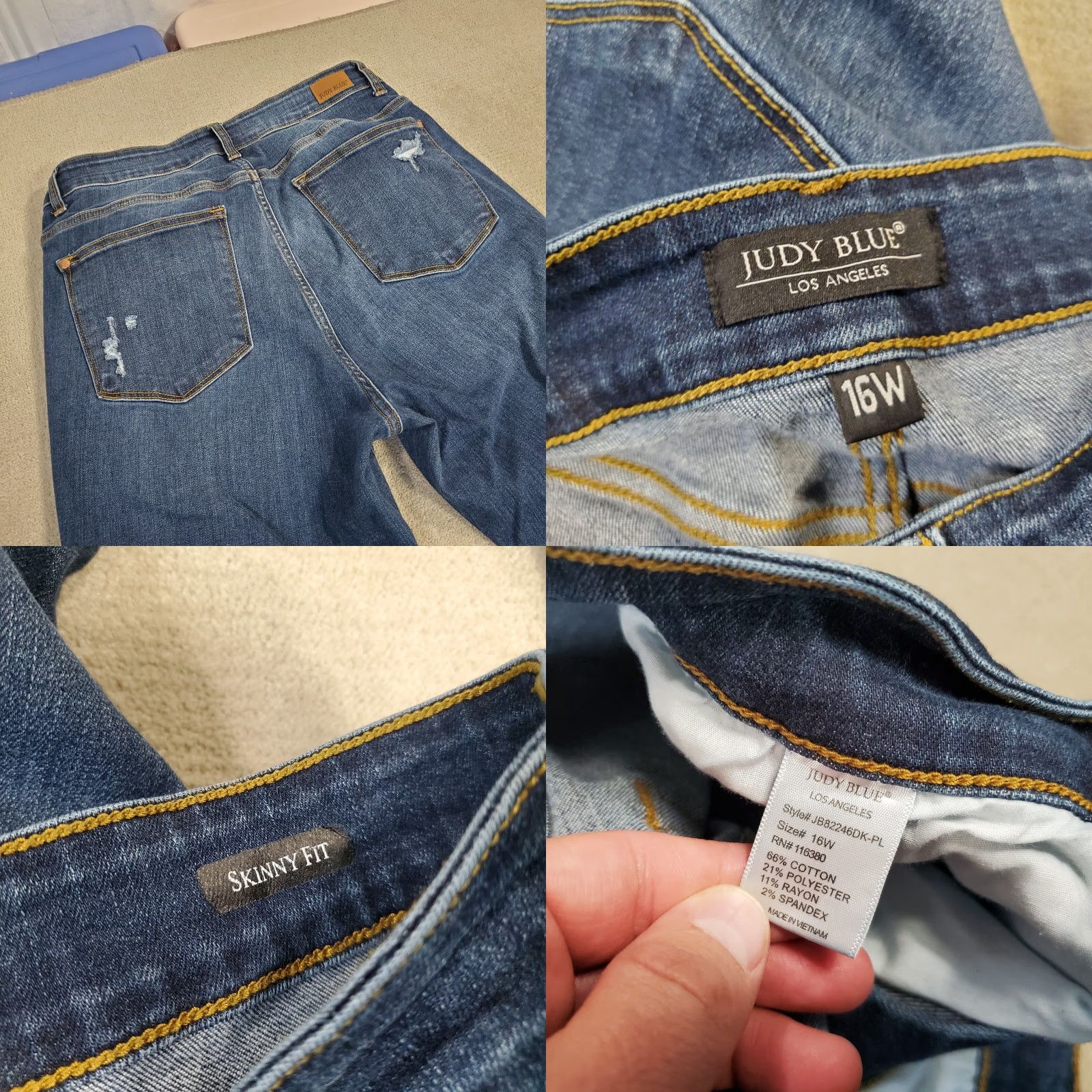 Vintage Judy Blue Jeans 16W Womens Skinny Fit Faded Distressed Dark Stretch Button Fly Size 24" / US 00 / IT 34 - 8 Thumbnail