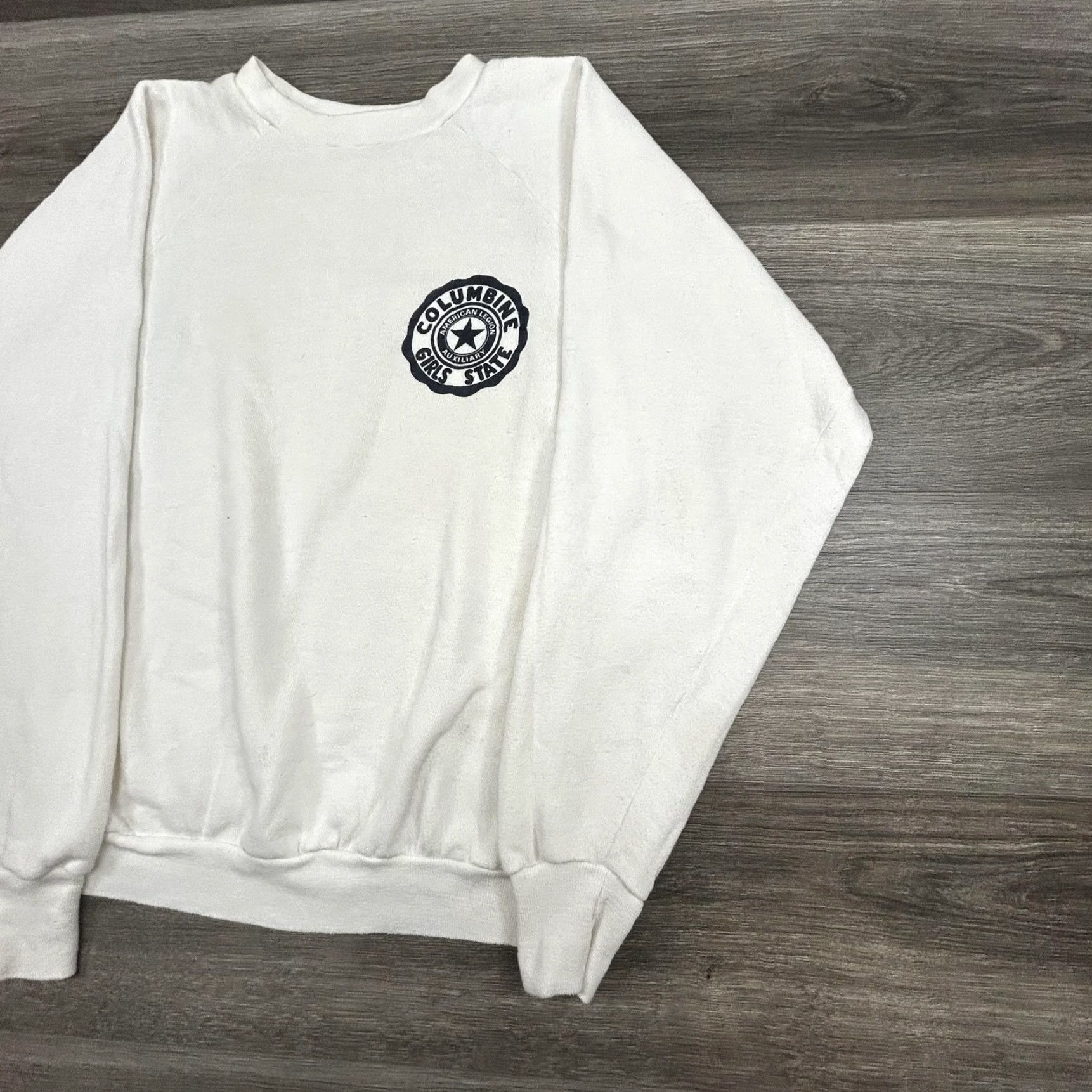 Hanes VINTAGE Columbine Girls State American Legion Sweatshirt Womens M White Pullover Crew Neck Raglan Sleeve Fall 90s Casual Graphic Print Logos Size M / US 6-8 / IT 42-44 - 4 Thumbnail