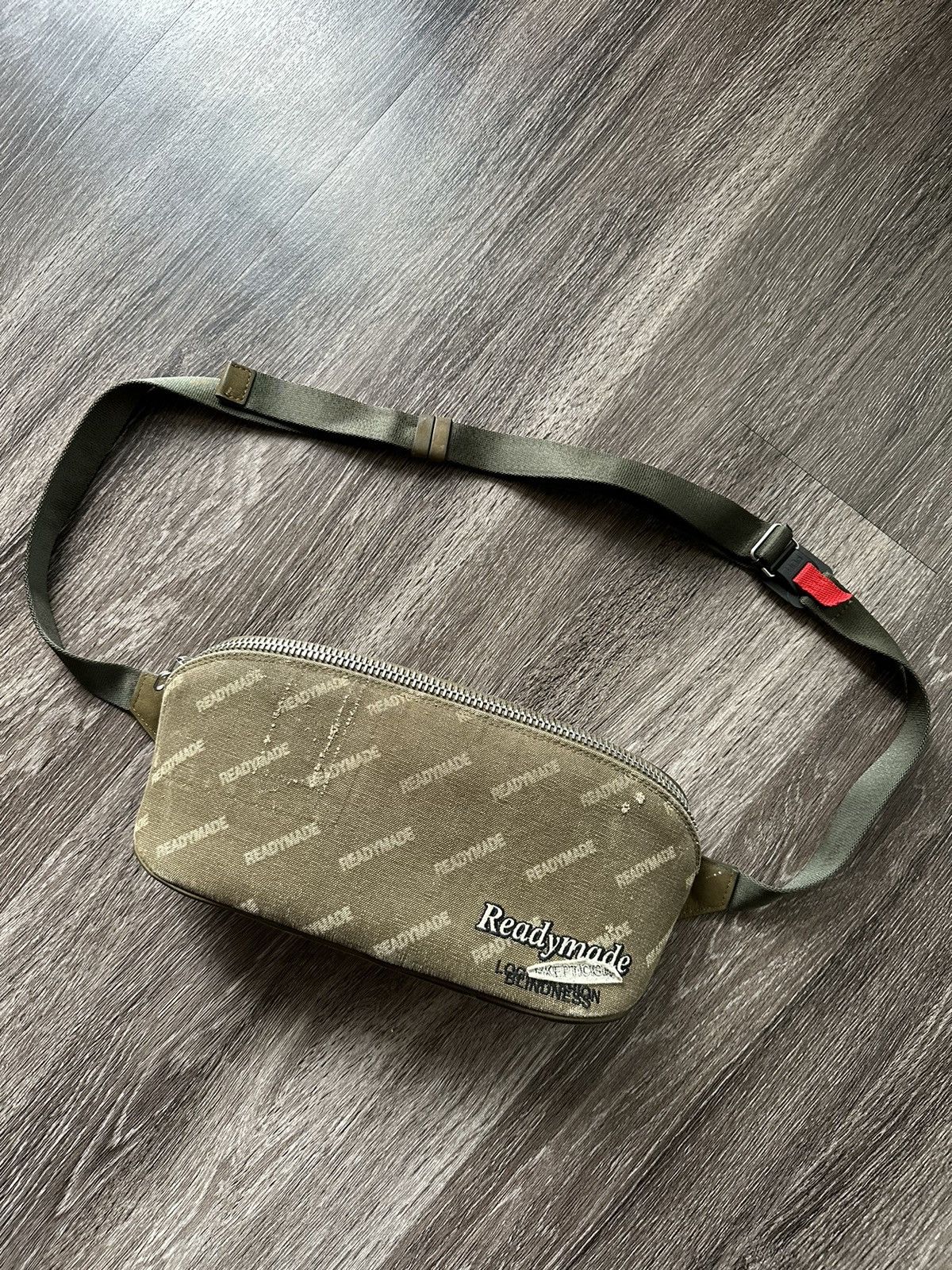 image of Readymade Cross Body Bag Canvas Rework Distressed Waist Bag in Khaki Green, Men's
