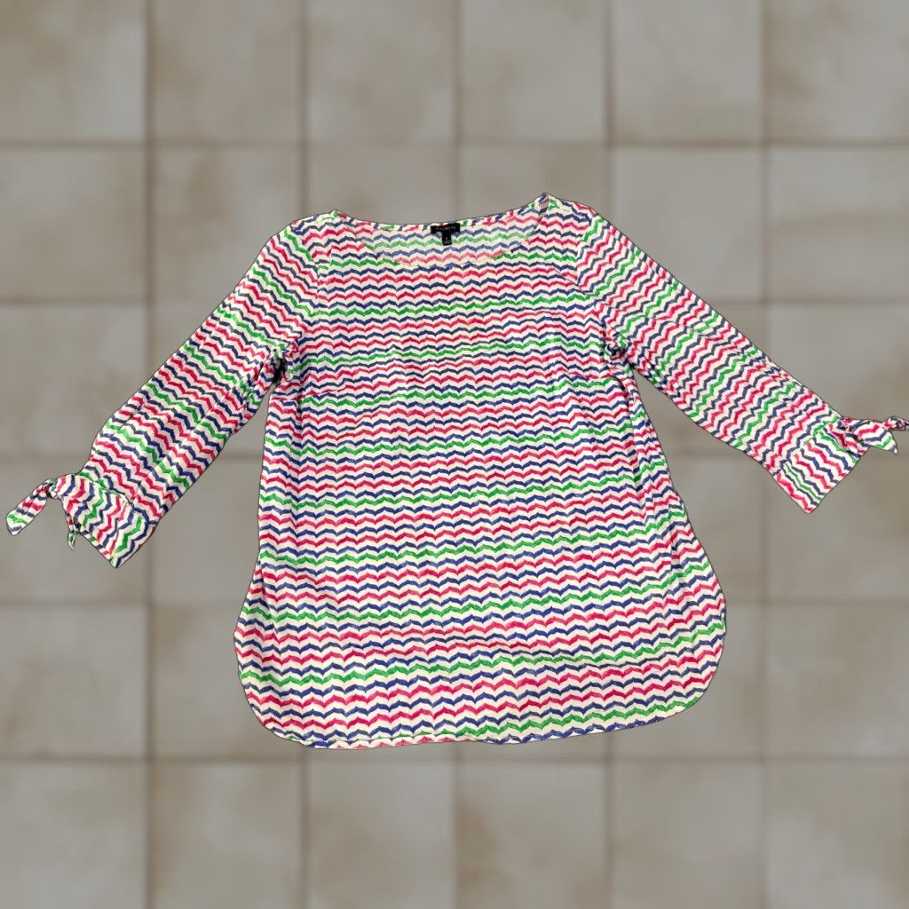 Talbots Talbots Blouse Womens S Pink White Multicolor Chevron Long Sleeve Tie Sleeve Crew Neck Rayon Cotton Button Casual Size S / US 4 / IT 40 - 1 Thumbnail