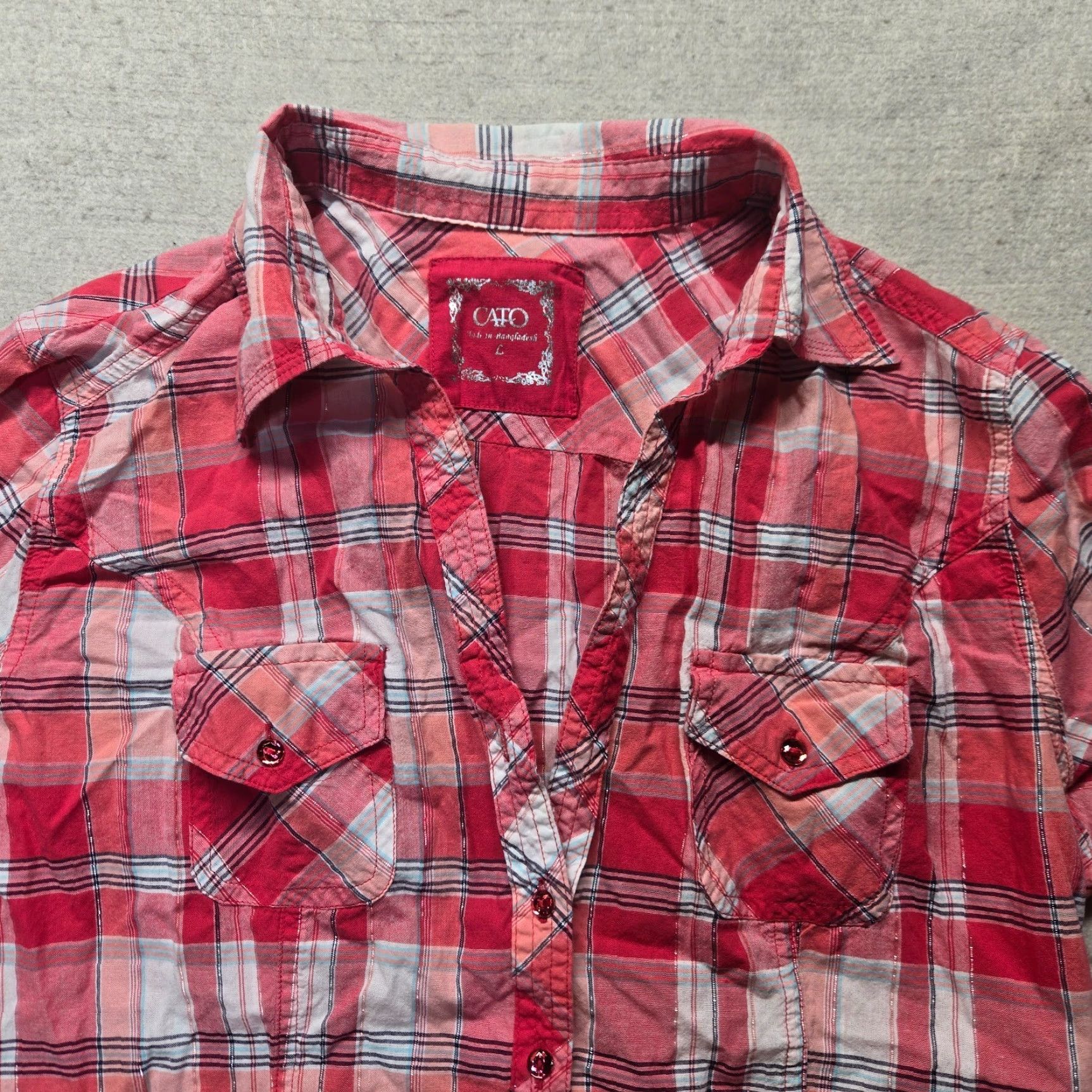 Vintage Cato Shirt Womens Large L Red Plaid Long Sleeve Roll Tab Snap Button Vintage? (Note: vintage rule; but item not vintage. Use NO Vintage. Use not add.) Size L / US 10 / IT 46 - 2 Thumbnail