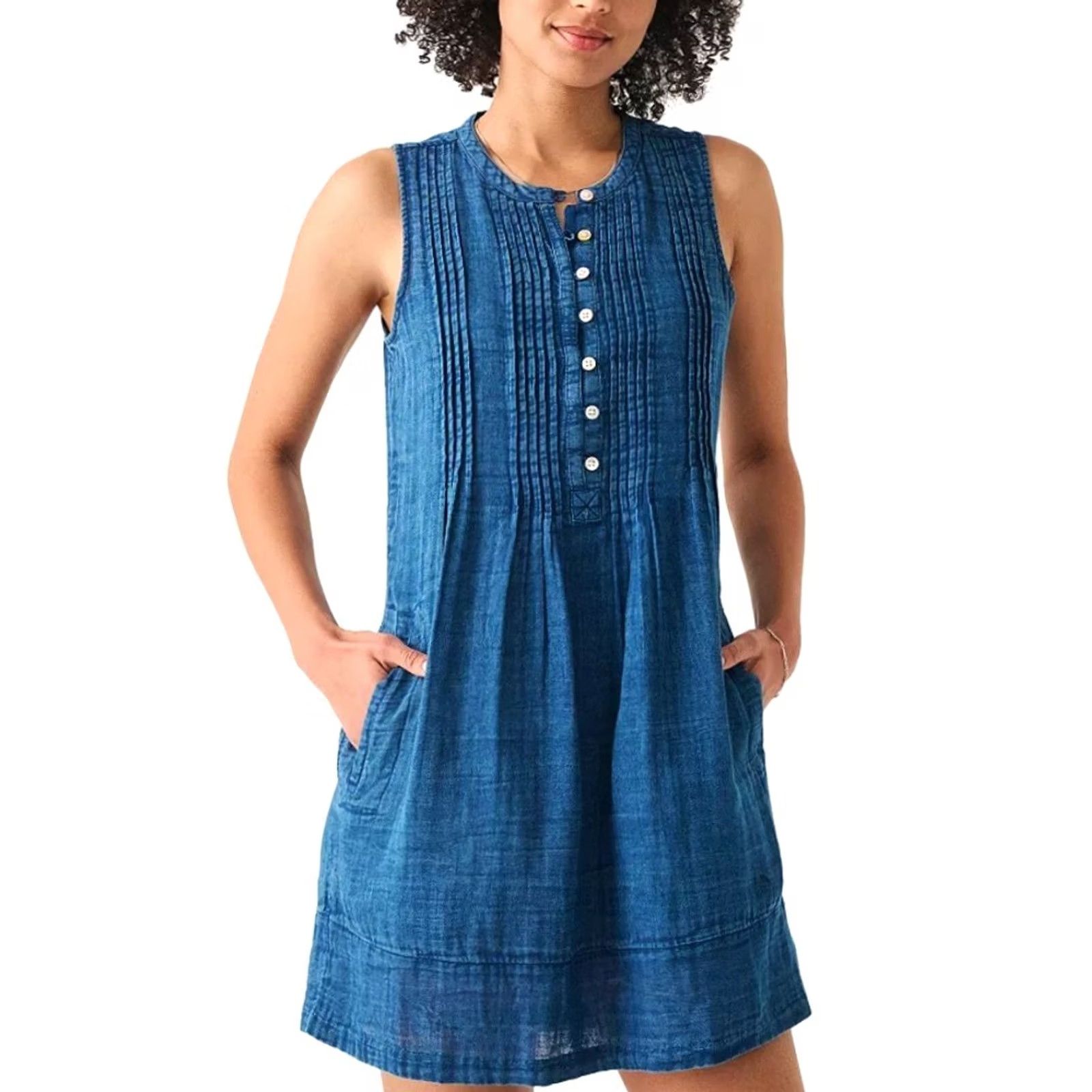 Faherty Faherty Dress Indigo Blue 100% Linen Sleeveless Mini L Bohemian Pockets Shirt Dress Womens Short Size L / US 10 / IT 46 - 7 Thumbnail