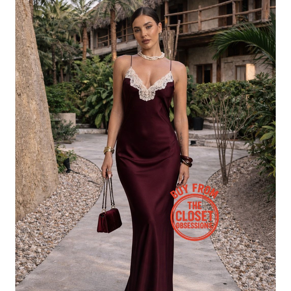 ZARA Satin-Effect Lace Maxi Dress NWT  Burgundy, Size M & L