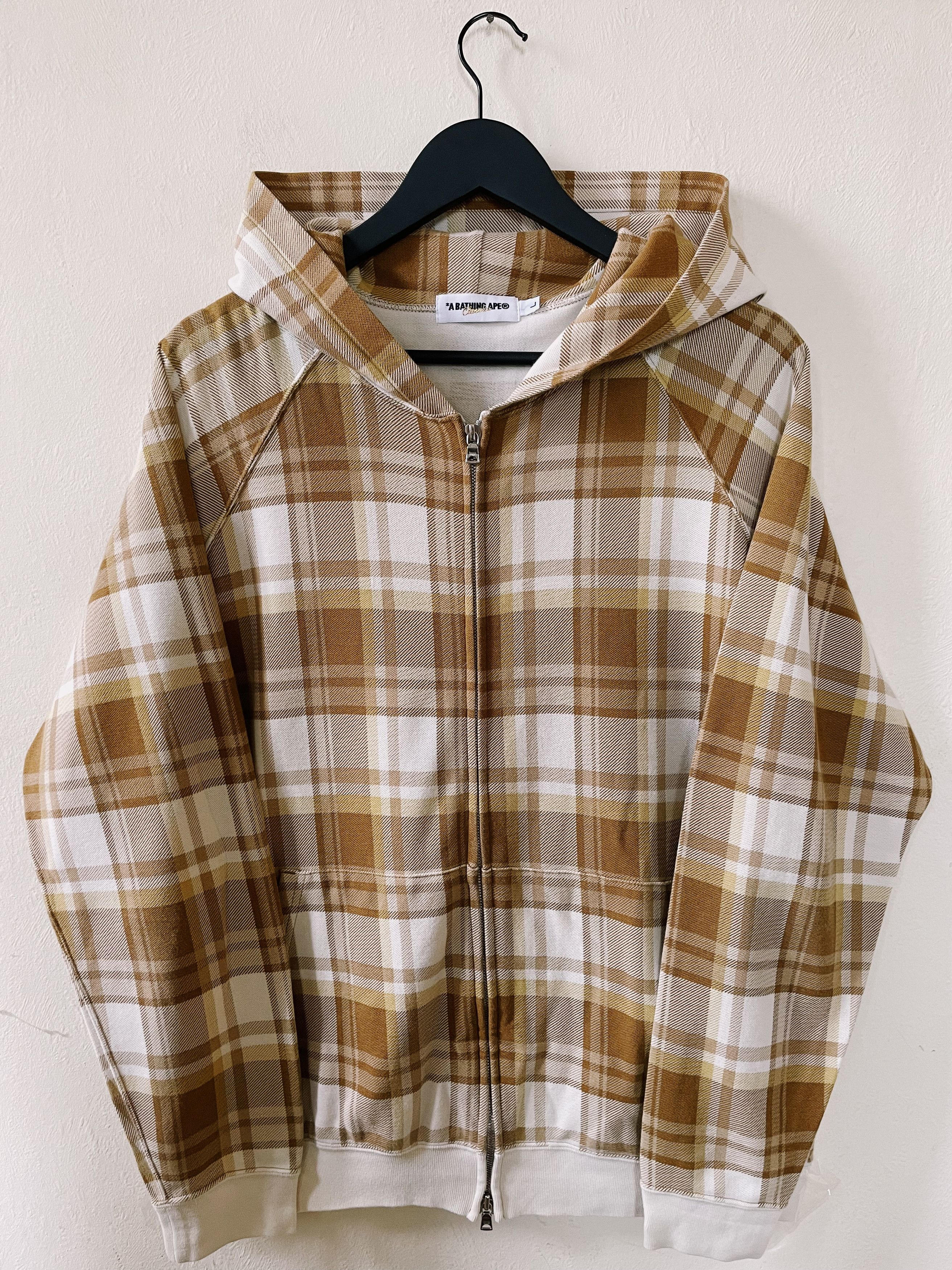Image of Vintage Y2K Bape A Bathing Ape Plaid Check Zip Hoodie in Beige/Brown, Men's (Size Large)