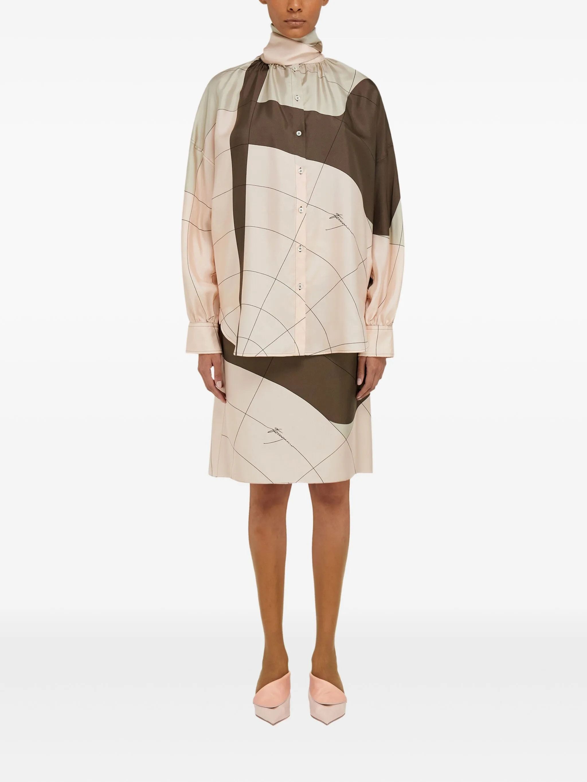 Salvatore Ferragamo o1s1rm0526 Printed Silk Midi Skirt in Light Pink/ Brown Size 28" / US 6 / IT 42 - 2 Thumbnail