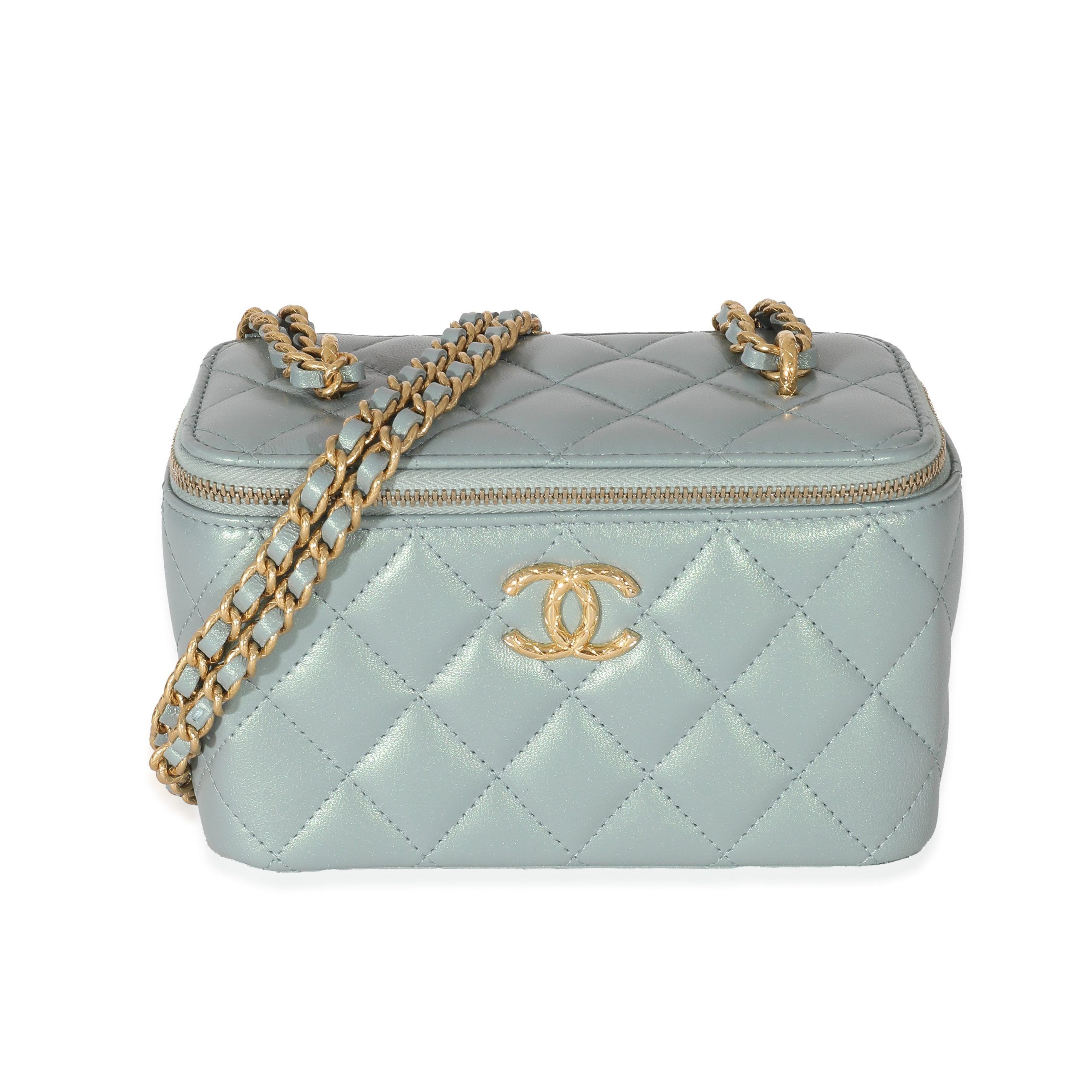image of Chanel Metallic Green Lambskin Quilted Small Cc Dynasty Vanity Case With Chain, Women's