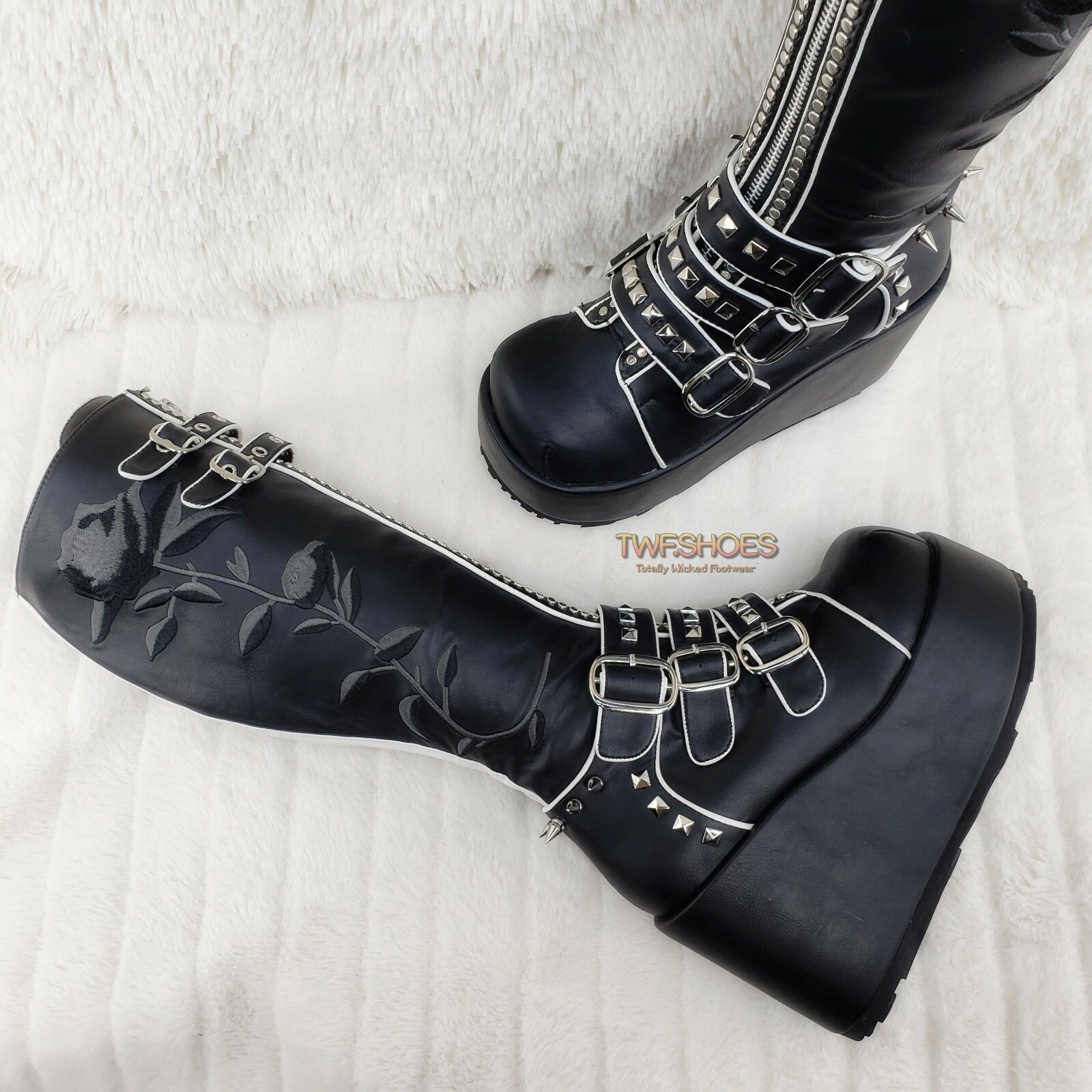 Demonia Cult DEMONIA Concord Black Platform Rose Goth Studded Knee Boots Size US 6 / IT 36 - 1 Thumbnail
