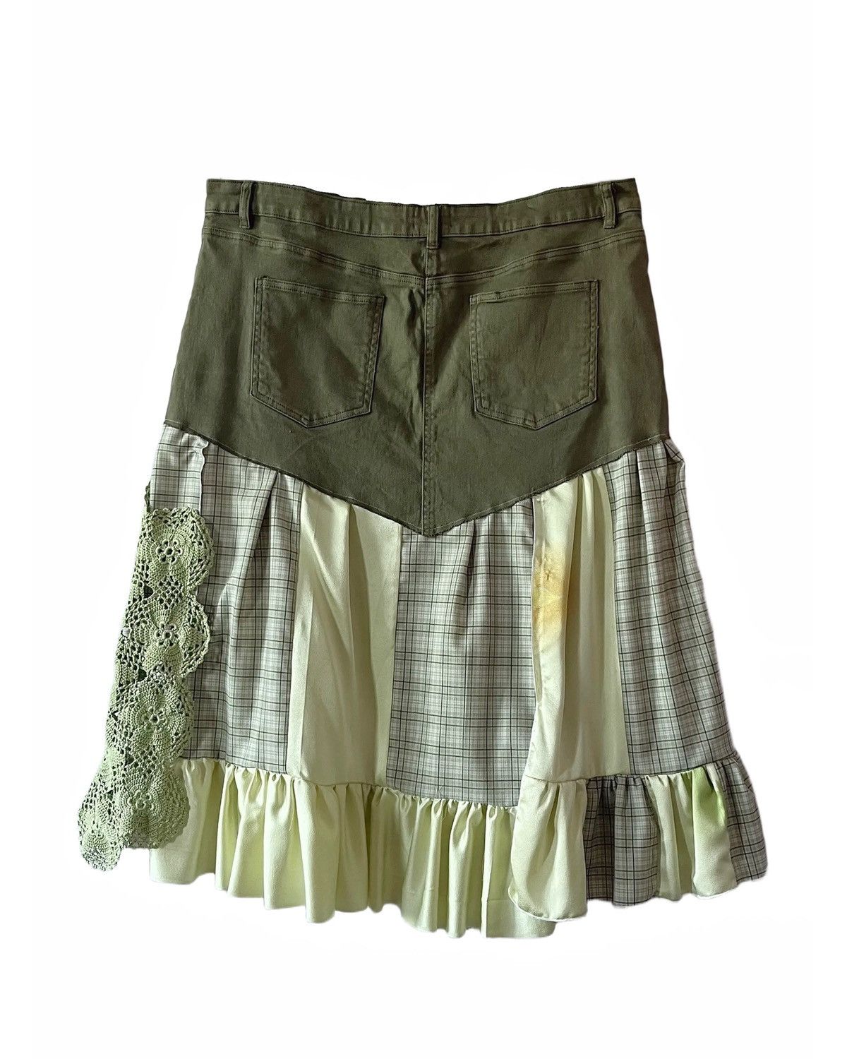 Custommade Upcycled Denim Patchwork Skirt with Vintage Kimono & Crochet Size 36" / US 14 / IT 50 - 2 Thumbnail