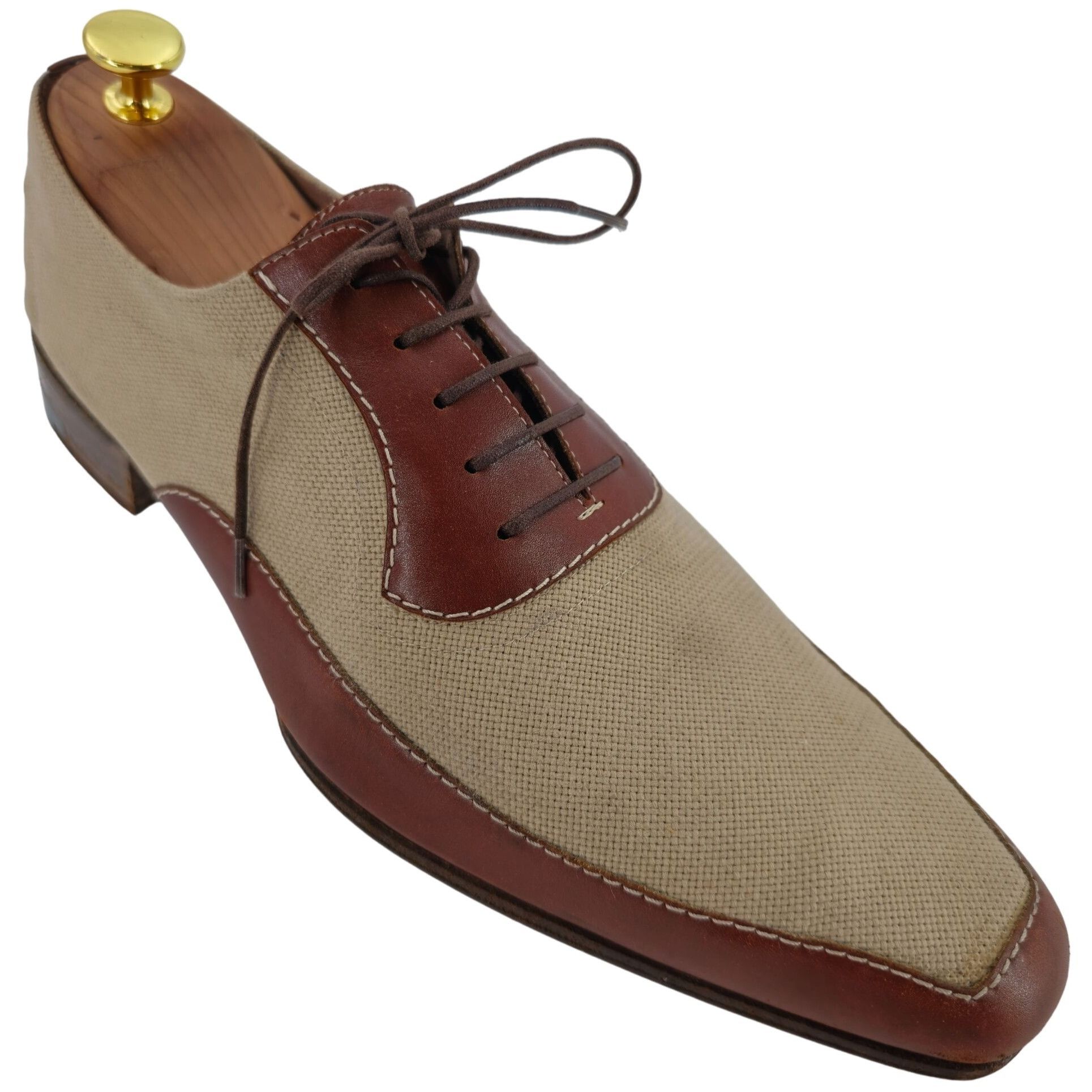 Testoni A. Testoni Italy Men 9 Dress Shoe Beige Brown Canvas Leather Size US 9 / EU 42 - 1 Thumbnail