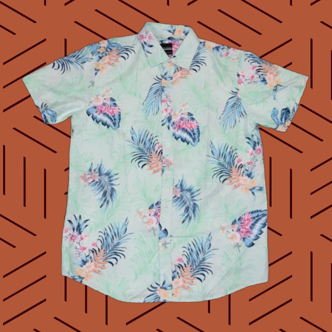 Vintage HAWAIIAN MENS SLIM FIT BUTTON-UP 2XL SEAFOAM GREEN FLORAL SHORT SLEEVE Size US XXL / EU 58 / 5 - 1 Thumbnail
