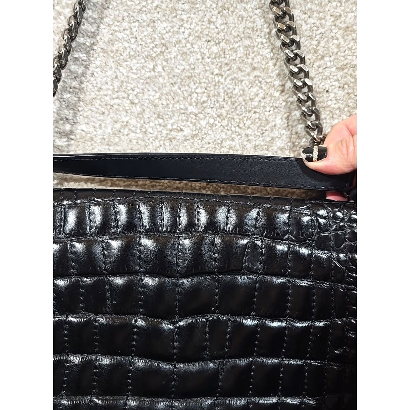 Zara Zara Women Leather Shoulder Bag Purse Heavy Chain Strap Crocodile Texture Black Rockabilly Gothic Punk Rock Bag Womens Medium Size ONE SIZE - 6 Thumbnail