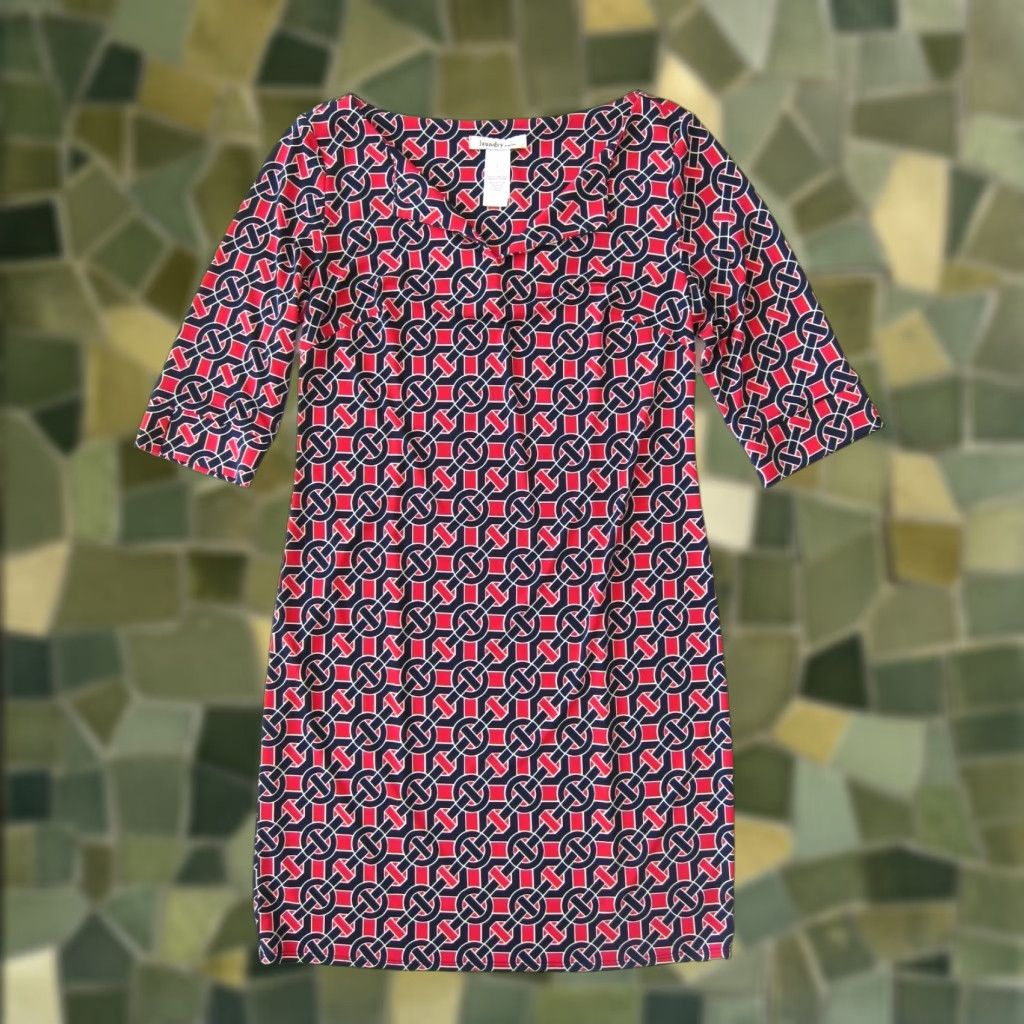 Vintage Laundry By Design Red Blue Geometric Stretch 3/4 Sleeve Shift Tunic Dress Size 4 Size S / US 4 / IT 40 - 1 Thumbnail