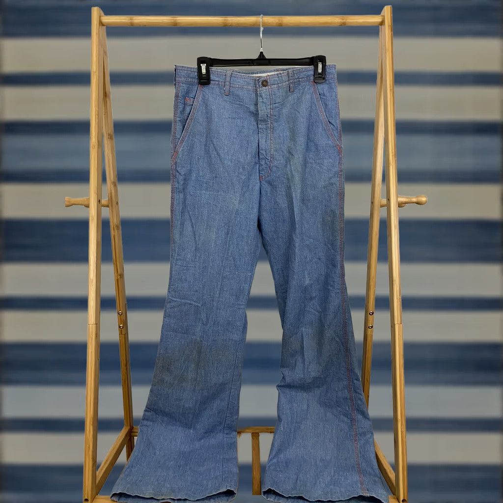 Levi's VINTAGE Levi's Chambray Bell Bottom Denim Slacks Hippie Pants Blue Mens 31x34 Size US 31 - 1 Thumbnail