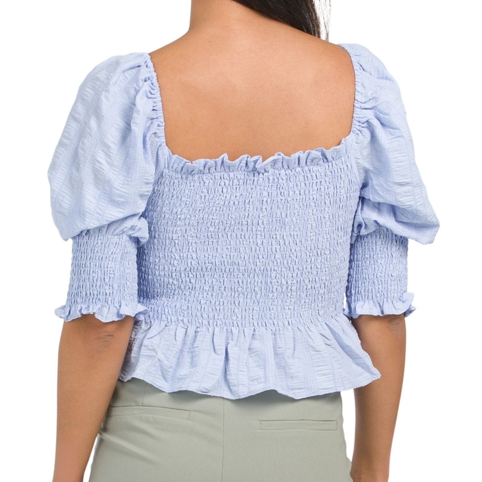 Anthropologie Blue Smocked Cropped Peplum Blouse Size Large Size L / US 10 / IT 46 - 3 Thumbnail