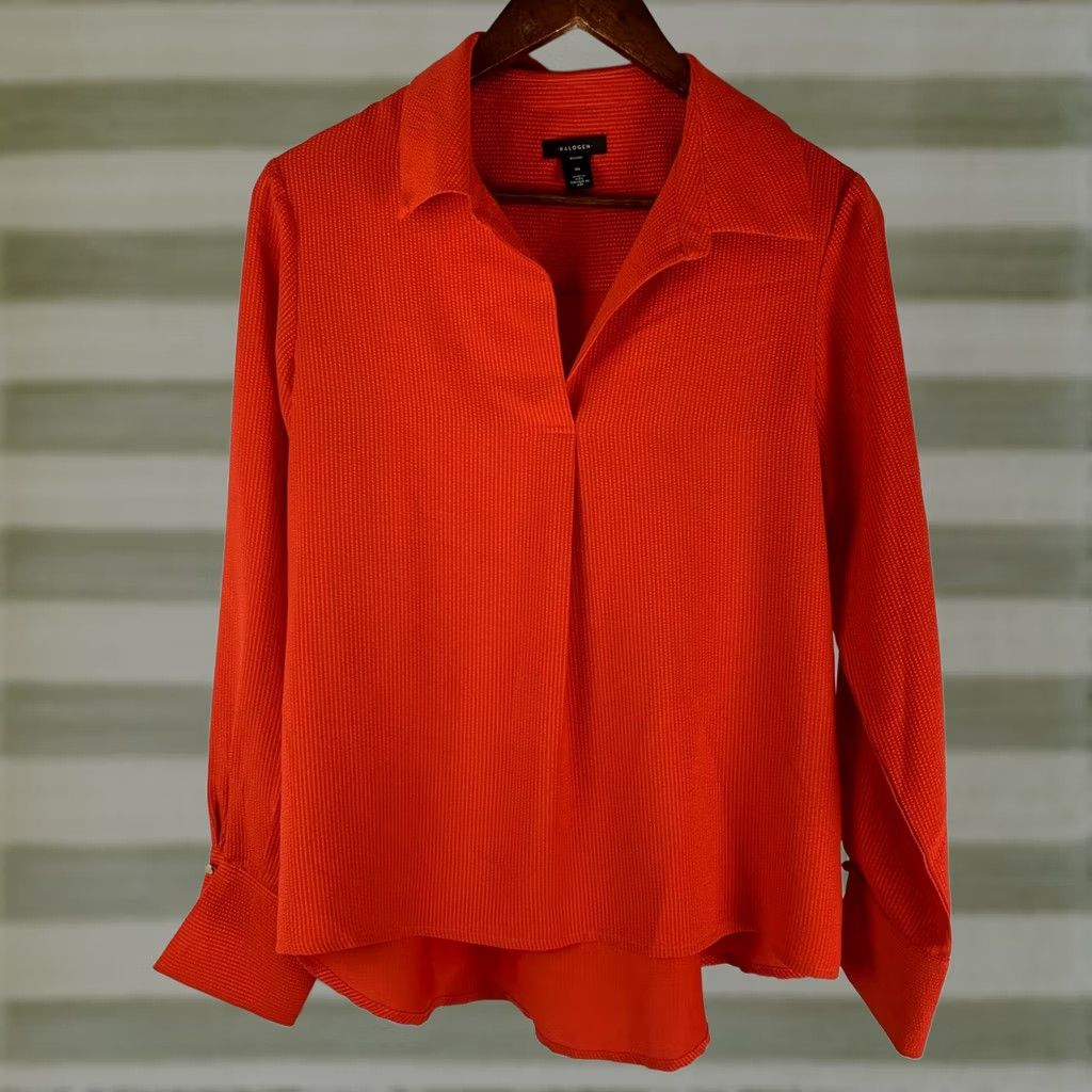 Vintage Halogen Blouse Womens Medium Orange Red V-Neck Long Sleeve Textured HLG11863 Size M / US 6-8 / IT 42-44 - 1 Thumbnail
