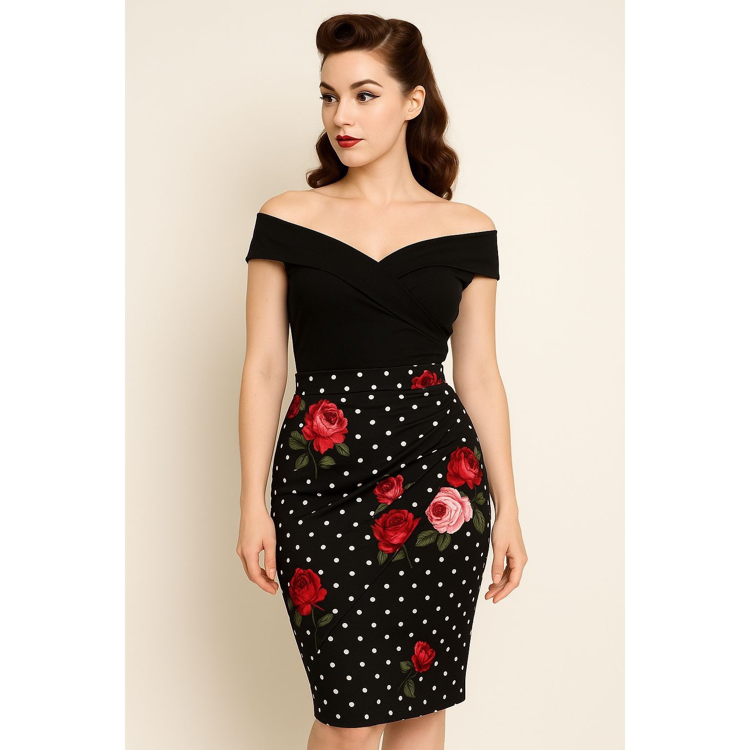 Other ABN Floral Pencil Skirt M Black White Dot High Waist Stretch Size 27" / US 4 / IT 40 - 11 Thumbnail