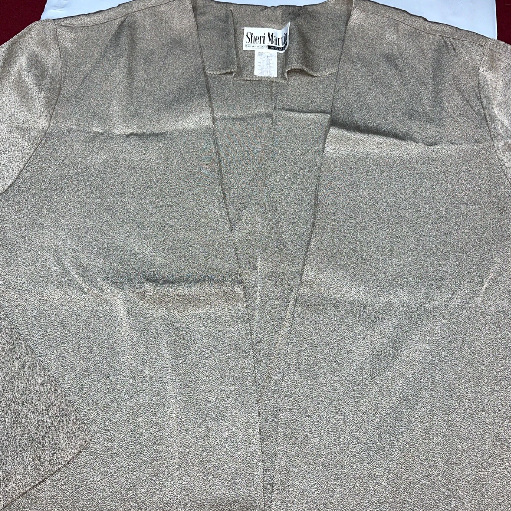 Vintage VINTAGE Sheri Martin METALLIC Blazer Womens 3XL Open Front Flowy Cardigan Jacket Neutral Beige Metallic Shiny Satin Relaxed 52 Chest Womens 3XL Blazer Size XXL / US 16-18 / IT 52-54 - 7 Thumbnail