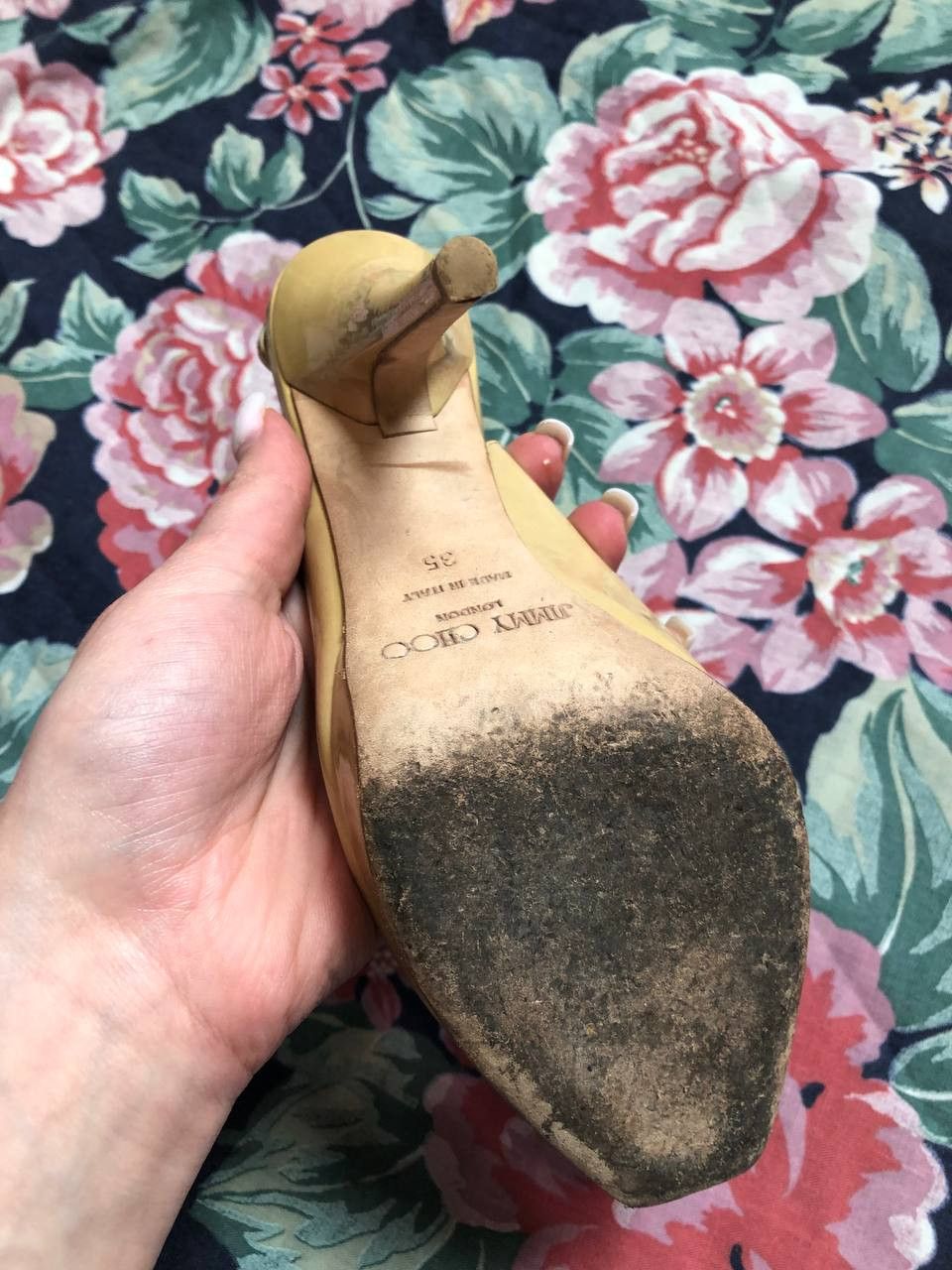 Jimmy Choo Jimmy Choo Womens Patent Leather Peep Toe Heel Pumps Beige Size US 5 / IT 35 - 12 Thumbnail