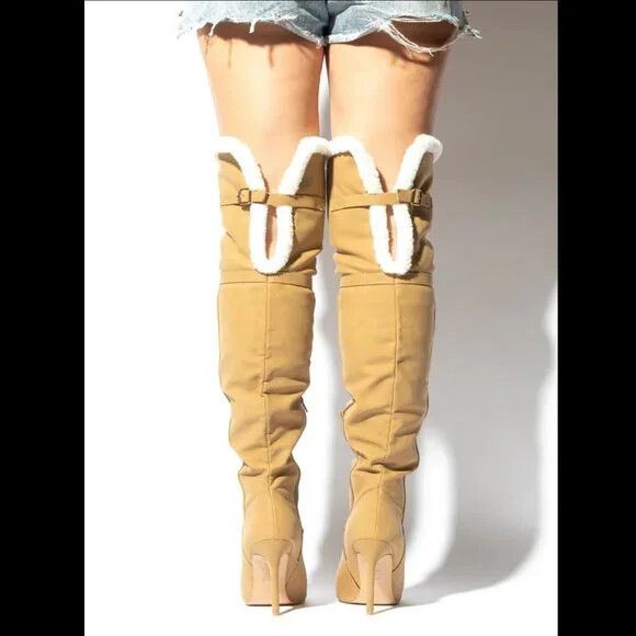 Other Cozy Craze Taupe Nubuck Over The Knee Fleece High Heel Thigh Size US 7.5 / IT 37.5 - 8 Thumbnail