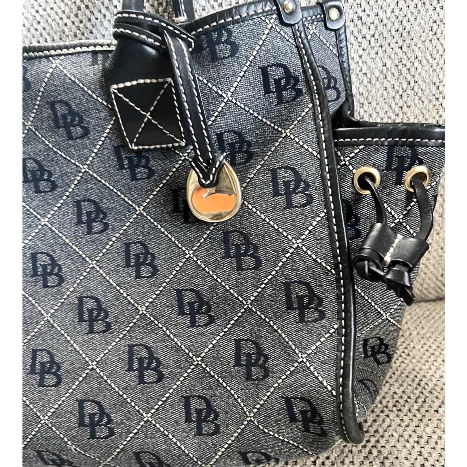 Dooney & Bourke Dooney & Bourke Denim Purse Bag Shoulder Bag Navy Beige 13.5” x 11” x 5.5” Medium Pockets Monogram Size ONE SIZE - 2 Thumbnail