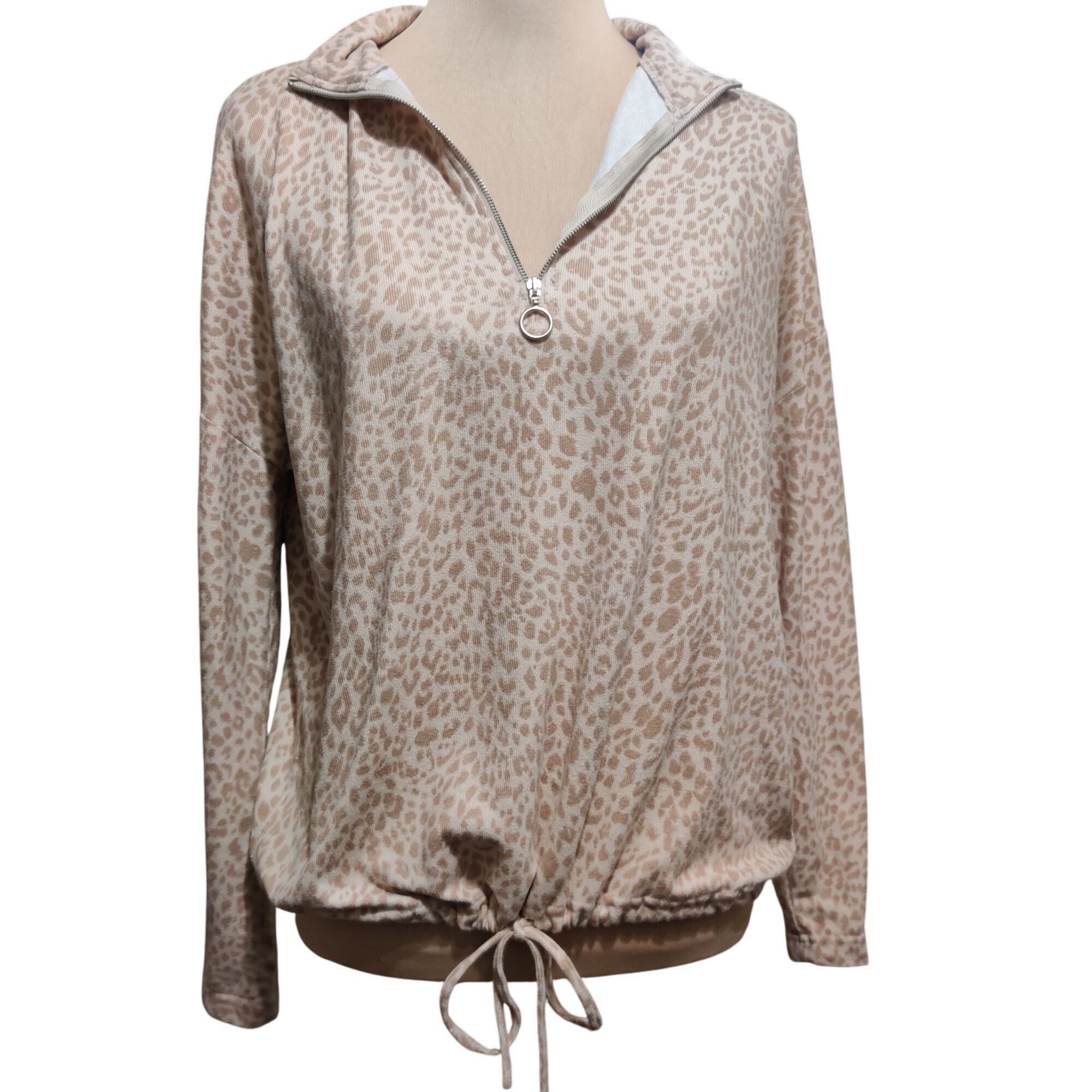 Other Fred David Beige Leopard Quarter Zip Cropped Pullover Drawst Size M / US 6-8 / IT 42-44 - 2 Thumbnail