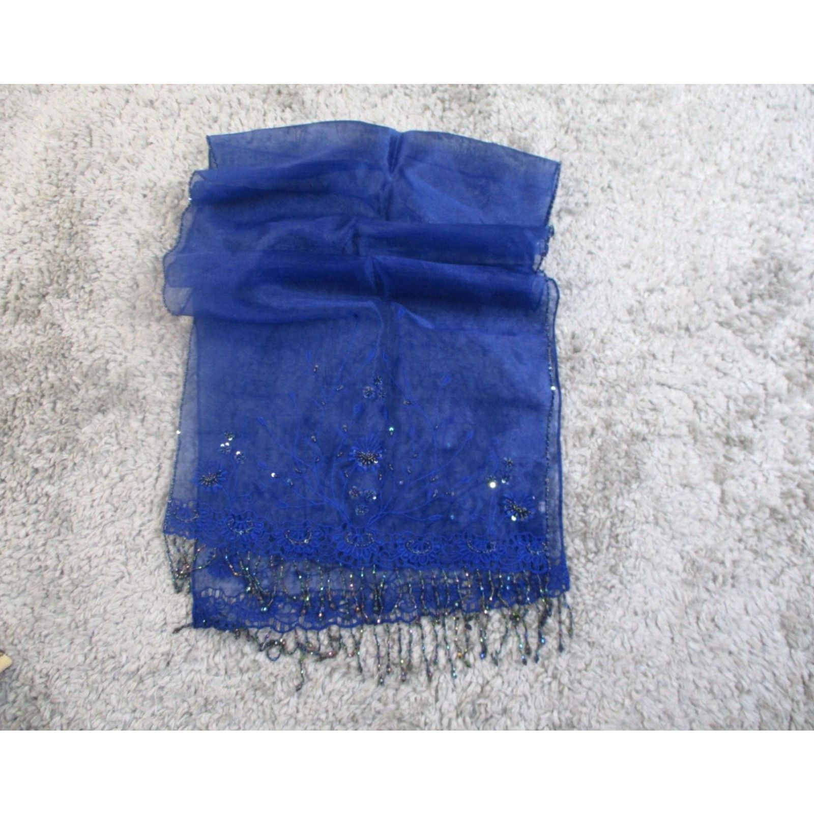 image of Vintage Tygie Barong Tagalog Wrap For Womens Blue Beaded Sequin 35X18 Formal Scarf in White